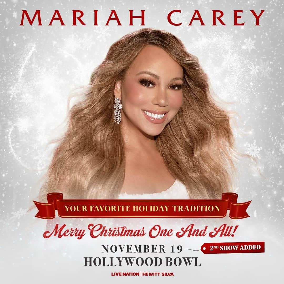 マライア・キャリーのインスタグラム：「LA, let’s double the fun!! Adding a 2nd tour date at the Hollywood Bowl on Nov 19 🎄❤️ #MerryChristmasOneAndAll   Pre-sales start tomorrow. General onsale 10/20 @ livenation.com」