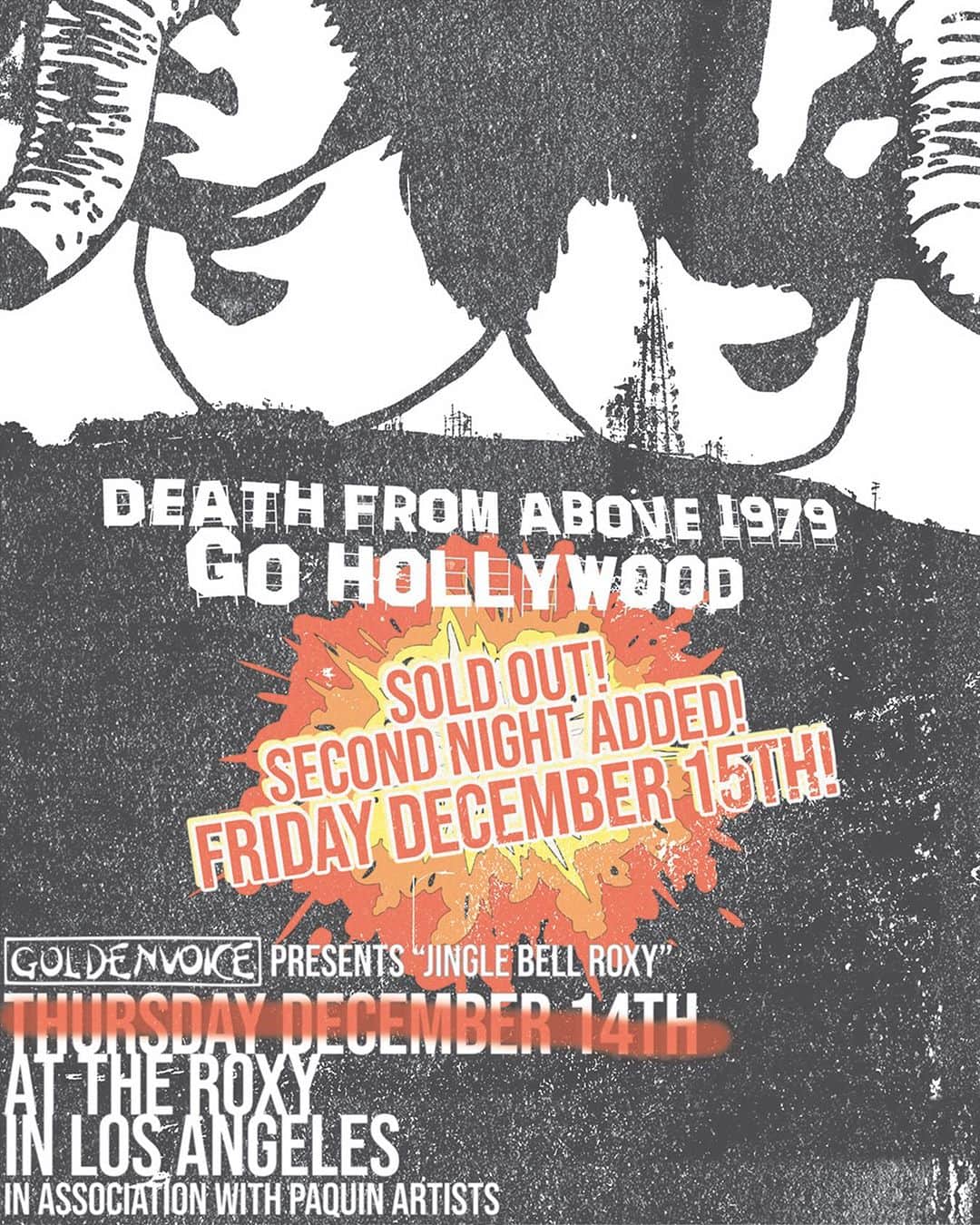 Death from Above 1979のインスタグラム：「HOLLYWOOD SOLD OUT! 2nd SHOW ADDED! DECEMBER 15 ON SALE NOW deathfromabove1979.com/SHOWS  @theroxy  @goldenvoice  @paquinartists」