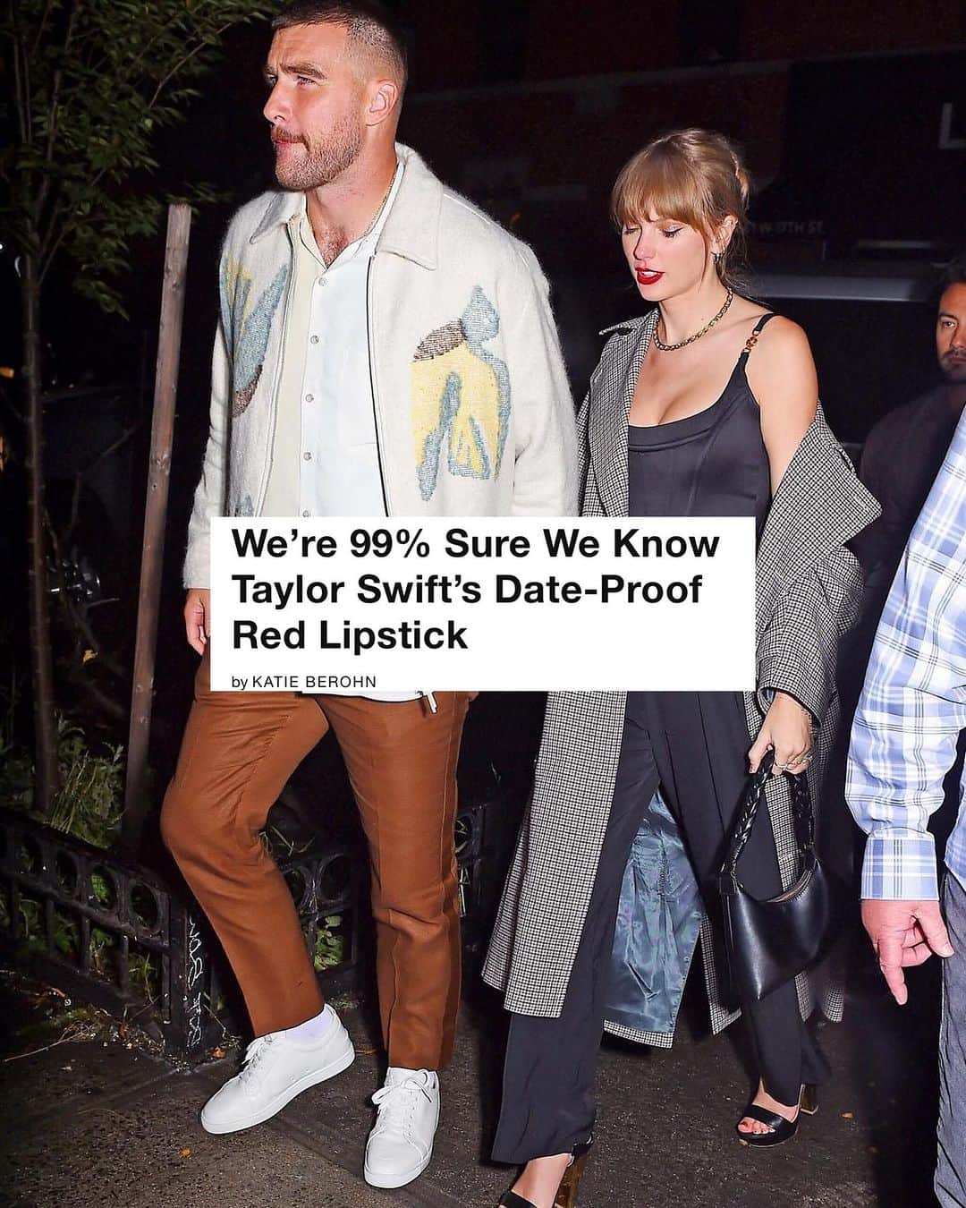 WHO WHAT WEARさんのインスタグラム写真 - (WHO WHAT WEARInstagram)「There's one school of thought that we simply can't subscribe to, and that's the idea that you should never wear red lipstick on a date. At least one person agrees with us: @taylorswift. This weekend, Swift wore her signature red lip while stepping out with Travis Kelce in New York City. At the link in our bio, see the *exact* blue-toned red lipstick that Swift has been known to wear—both on dates and on tour. photo: gotham/gc images」10月17日 8時06分 - whowhatwear
