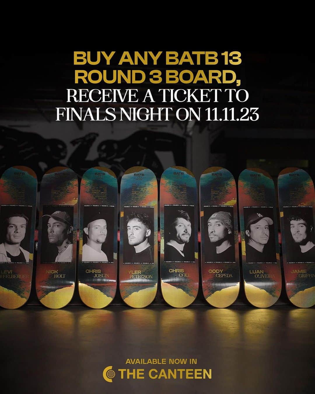 The Berricsのインスタグラム：「Grab your Limited Edition BATB 13 Round 3 Ticket Board now to secure your spot at Finals Night on November 11th! There are limited quantities and once they're gone, they're gone forever.  Every board purchase will be entered to win one of the 2 Golden Ticket Boards left that win you a free VIP trip to LA for Finals Night! Available now in the @berricscanteen!! 🛒 🔗LINK IN BIO🔗  #skateboardingisfun #berrics #batb13」