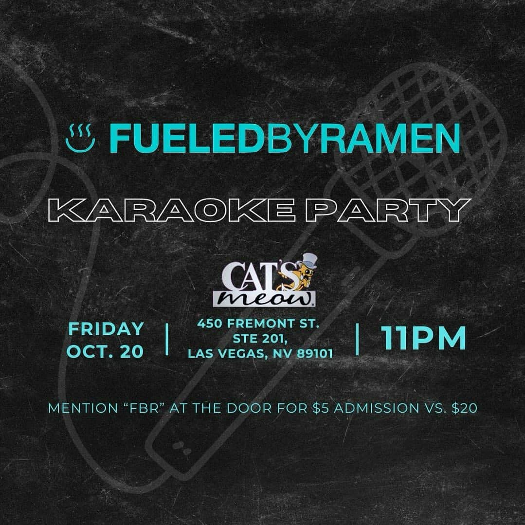 Fueled By Ramenさんのインスタグラム写真 - (Fueled By RamenInstagram)「Come kick off @whenwewereyoungfest weekend at the official Fueled By Ramen karaoke event at @catsmeowlasvegas! 😸 Show off your pipes to some quintessential FBR songs 🎤 Join us for special drinks, free swag, an exclusive photo op, and more surprises.」10月17日 8時48分 - fueledby