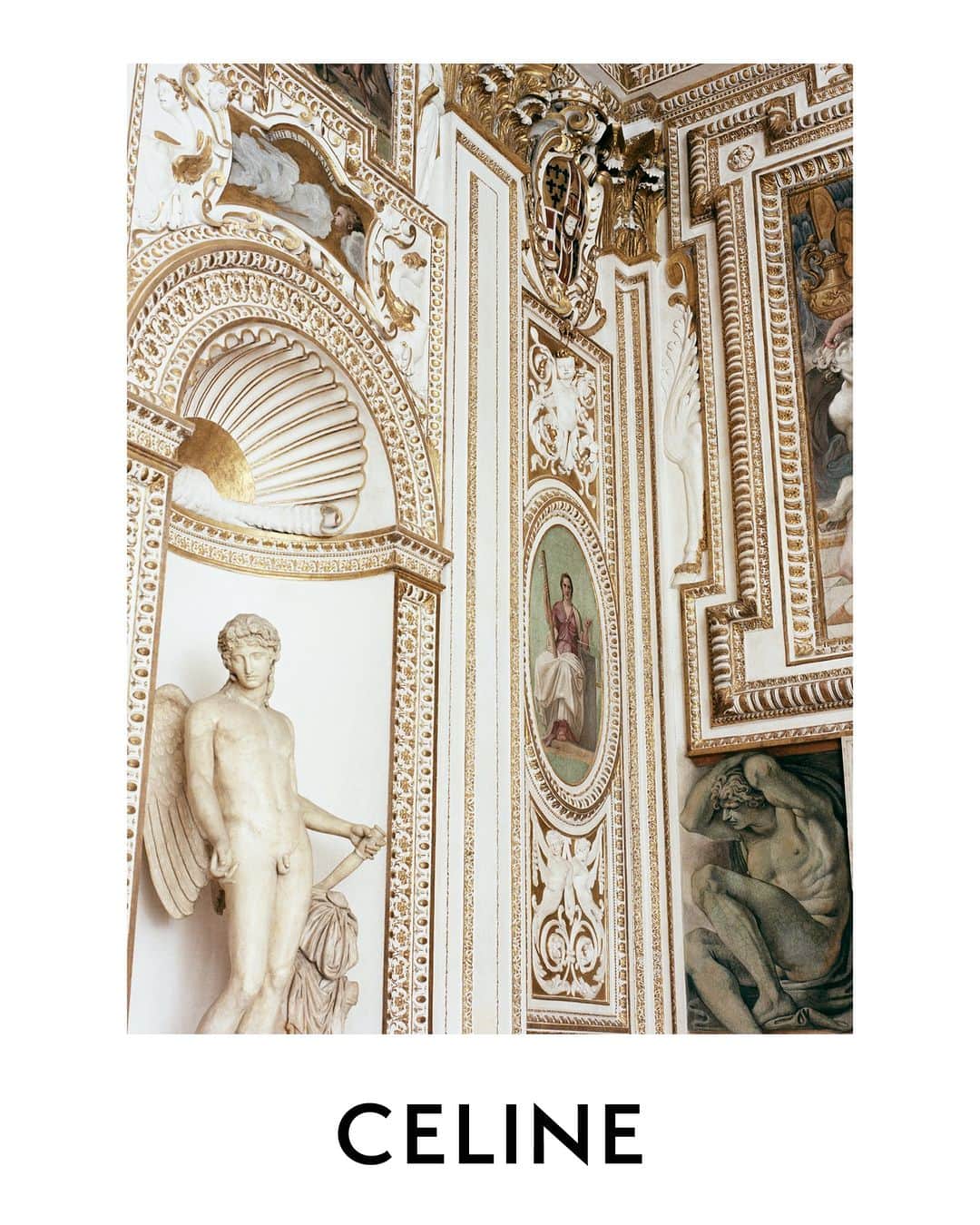 Celineのインスタグラム：「LA COLLECTION DES GRANDS CLASSIQUES 07  @HEDISLIMANE PHOTOGRAPHY ROME SEPTEMBER 2023  PALAZZO FARNESE   CELINE’S LATEST WOMEN’S CAMPAIGN FOR LA COLLECTION DES GRANDS CLASSIQUES HAS BEEN PHOTOGRAPHED BY HEDI SLIMANE IN ROME IN SEPTEMBER 2023 AT PALAZZO FARNESE.   FOR THE FIRST TIME EVER, A COUTURE HOUSE HAS GAINED ACCESS TO THE PALACE.  PALAZZO FARNESE, A RENOWNED ROMAN PALACE, DESIGNED BY ANTONIO DA SANGALLO IL GIOVANE, BUILT IN THE 16TH CENTURY AND COMPLETED BY MICHELANGELO, IS AN EXAMPLE OF HIGH RENAISSANCE ARCHITECTURE.  HOME TO NUMEROUS MASTERPIECES COMBINING PAINTINGS, SCULPTURES AND ARCHITECTURE; GALLERIES ARE DECORATED WITH FRESCOS INCLUDING THE MONUMENTAL FRESCO CYCLE BY ANNIBALE CARRACCI, WALLS ARE EMBELLISHED WITH TAPESTRIES AMONGST DECORATED SARCOPHAGUSES AND ROMAN SCULPTURES.  THE PALACE HAS BEEN THE FRENCH EMBASSY’S RESIDENCE IN ITALY SINCE 1874.  #CELINEBYHEDISLIMANE」