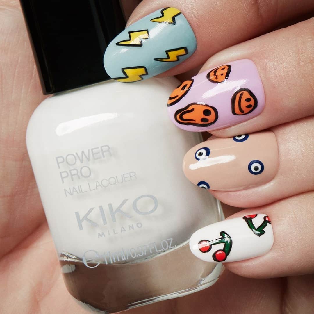 KIKO MILANOのインスタグラム：「Feeling inspired? 🤩Unleash your creativity and let it flow with this fun  #nailart featuring our New Power Pro and Smart Nail Lacquers! 💅⁣ ⁣ #KIKONails #nailart #cutenails #nailartinspo #naillook ⁣ ⁣ New Power Pro Nail Lacquer 03, 23 - Smart Nail Lacquer 80, 58, 75, 45, 03, 62, 30, 10, 87, 101」