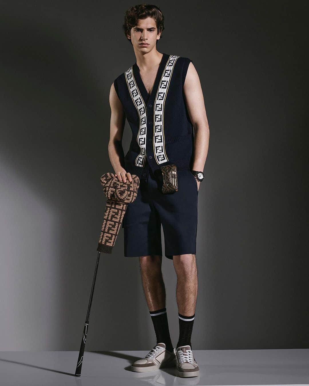 Fendiのインスタグラム：「Ready to play. Essentials for the green are completed with the Maison's signatures in Fendi Golf.  Shop the capsule in select locations and at Fendi.com.   Artistic Director of Accessories and Menswear: @silviaventurinifendi  Artistic Director of Jewellery: @delfinadelettrez   Styling: @ganio Hair: @ramoneyluv Makeup: @samiamohsein  Casting: @piergiorgio Model: Hedi Ben Tekaya  Photography: @brunostaub」
