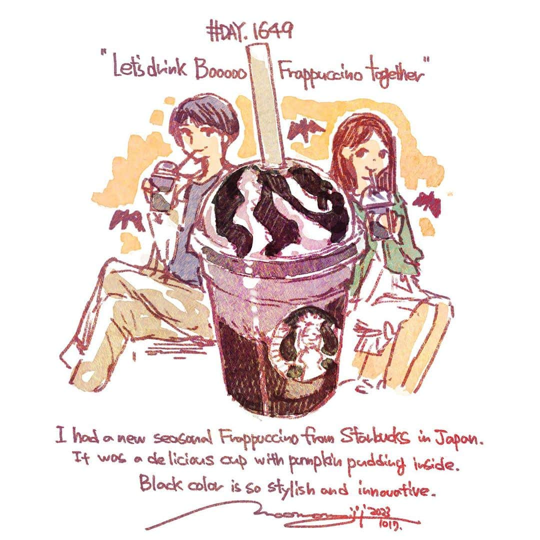 もみじ真魚のインスタグラム：「『#1649/「Let's drink Booooo frappuccino together.」』  もみじ真魚/MaoMomiji 2023年10月17日 21:06  The "too sophisticated Frappuccino." I look forward to the new Starbucks Frappuccino every month. I found the current new one to be one of the most sophisticated in recent years, it's cool! And it tastes solidly delicious. I had it at Shinjuku Sanchome with a friend I met in New York. It was delicious with the situation included.  「ハイセンス過ぎるフラペチーノ」 毎月のスタバの新作フラペチーノを楽しみにしてます。今の新作はここ最近の中で特にハイセンスな一杯だなと感じました、かっこいい！そしてしっかり美味しい。ニューヨークで知り合った友達と新宿三丁目でいただきました。シチュエーションも込みで美味しかったなー。  #日刊ごはんが好き #foodie #foodieart #dailyilovefood  #毎日更新 #foodillustration #fooddrawing #もみじ真魚 #maomomiji #飯テロ #美食 #starbucks #boooooフラペチーノ」