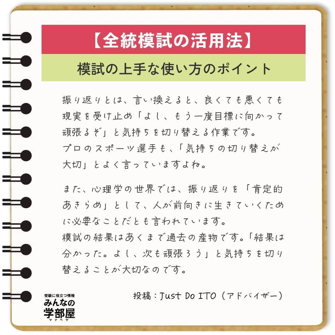 【公式】河合塾マナビスさんのインスタグラム写真 - (【公式】河合塾マナビスInstagram)「. 【全統模試の活用法】 ～「模試の上手な使い方のポイント」～  今回は私が考える「模試の上手な使い方のポイント」を2点お伝えしようと思います。  (1)復習 模試が終わった後、生徒さんに「模試、やり直した？」と聞くと、多くの場合「No.」という返事が返ってきます。その一方で、模試が終わる度に「当たり前」のように復習する人もいます。 例え同じ勉強をしている生徒さんでも、復習を「当たり前」にする人と、そうでない人では、成績の上がり方にも差が出るのが現実です。  模試は、経験豊富な講師陣が、受験に出題される可能性の高い問題を厳選して作られます。模試の問題を正答できるようにするだけで、効率的に得点力を磨けます。模試の当日か翌日には、問題を解きなおし、解説を熟読する。そして、成績が戻って来たタイミングに、もう一度やり直す。流れにすると、本当に単純なことなのですが、ポイントはこれを「当たり前」にすること。 最初は、意識して時間を作らなければならないと思いますが、トレーニングだと思って、是非に励んで欲しいと思います。  (2)振り返り 模試の振り返りは、面倒だったりやり方がわからないから、なかなか取り組めなかったりしますよね。特に、点数が良くないときは、憂鬱な気分になります。 しかし、模試に限らず、物事を振り返る時間をとる人と、そうでない人とでは「心の安定感」が違います。そもそも振り返りをする一番のメリットは、「心を落ち着かせること」にあると、私は考えています。  振り返りとは、言い換えると、良くても悪くても現実を受け止め「よし、もう一度目標に向かって頑張るぞ」と気持ちを切り替える作業です。プロのスポーツ選手も、「気持ちの切り替えが大切」とよく言っていますよね。 また、心理学の世界では、振り返りを「肯定的あきらめ」として、人が前向きに生きていくために必要なことだとも言われています。 模試の結果はあくまで過去の産物です。「結果は分かった。よし、次も頑張ろう」と気持ちを切り替えることが大切なのです。  https://goo.gl/Fwhq1F 投稿：Just Do ITO(アドバイザー)  模試の結果に振り回されず、しっかりと現状を分析し、復習をすることが成績向上につながります。合格目指して頑張りましょう！  #河合塾 #マナビス #河合塾マナビス #マナグラム #みんなの学部屋 #勉強垢さんと一緒に頑張りたい #テスト勉強 #勉強記録 #努力は必ず報われる #がんばりますがんばろうね #勉強垢サント繋ガリタイ #勉強頑張る #勉強法 #高1勉強垢 #高2勉強垢 #高3勉強垢 #スタディープランナー #頑張れ受験生 #第一志望合格し隊 #受験生勉強垢 #目指せ努力型の天才 #努力は裏切らない #努力型の天才になる #勉強垢さんと頑張りたい #勉強勉強 #志望校合格 #模試 #活用」10月17日 16時00分 - manavis_kj