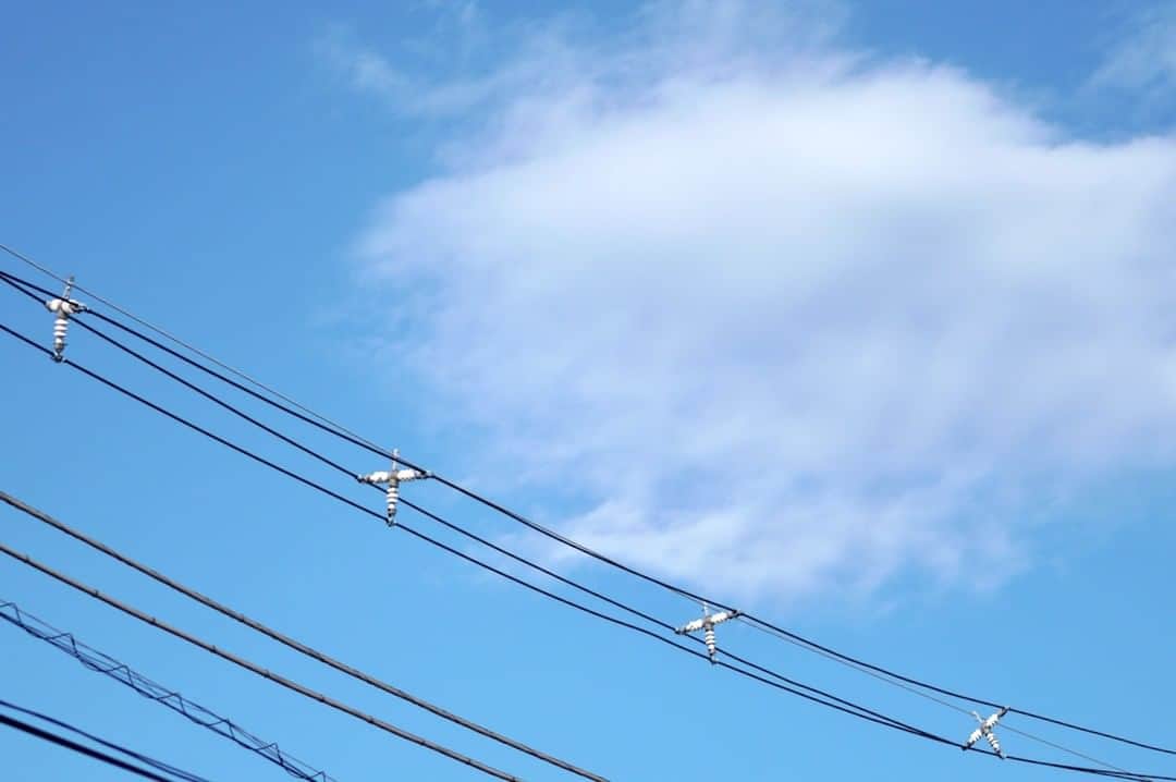 高野寛のインスタグラム：「十字形の碍子（ガイシ？）を見かけると、つい写真に撮りたくなる。世の人々はまったく気にもかけない物体。  この写真を撮っている時、すれ違った婦人が不思議そうにレンズを向けていた空を3度見して、首を傾げながら去っていった。 はい、ご覧の通り何も飛んでいません   #japaneseelectricwireart」