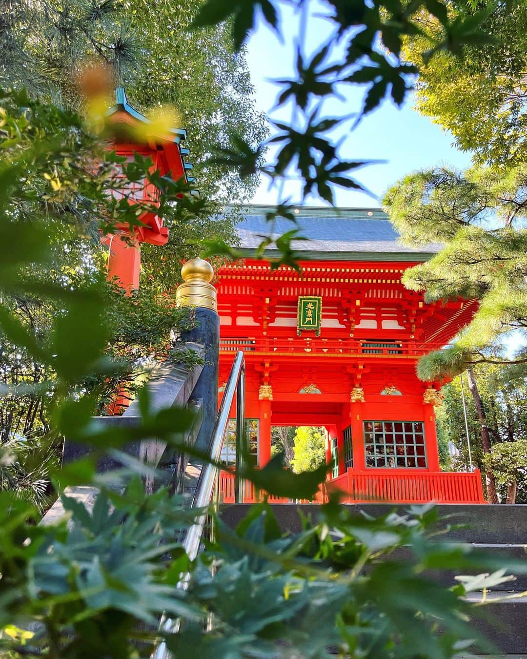 兼田恵のインスタグラム：「ここは美しいのですよ お天気よくて気持ちよかったー✨  #穴八幡宮 #穴八幡宮神社 #早稲田 #朱色が綺麗 #通りすがりの #お参り」