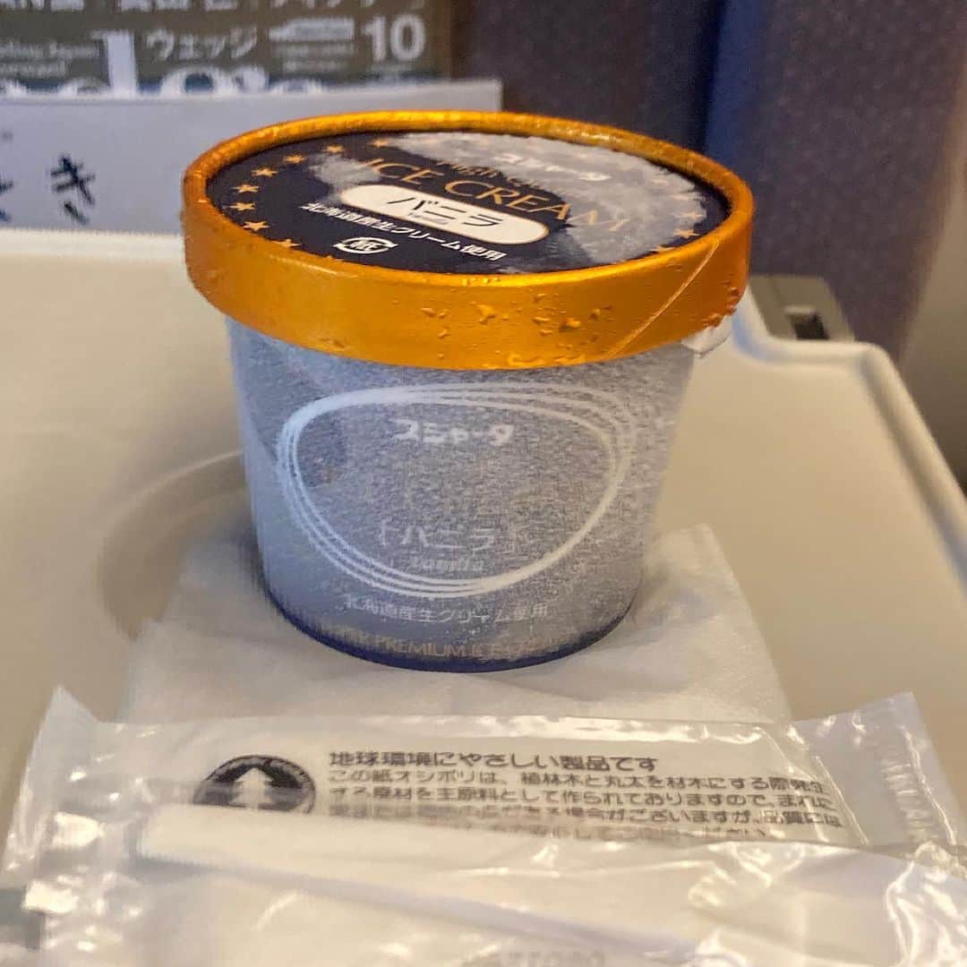 桂春雨のインスタグラム：「10月31日で新幹線の車内販売が終了するそうなので、思い出作りにスジャータのアイスクリームを買いました。カチカチに凍ったアイスが食べられなくなると思うと、少し寂しいですね🍨  #新幹線 #車内販売 #スジャータ #アイス #アイスクリーム #スジャータアイス　#icecream」
