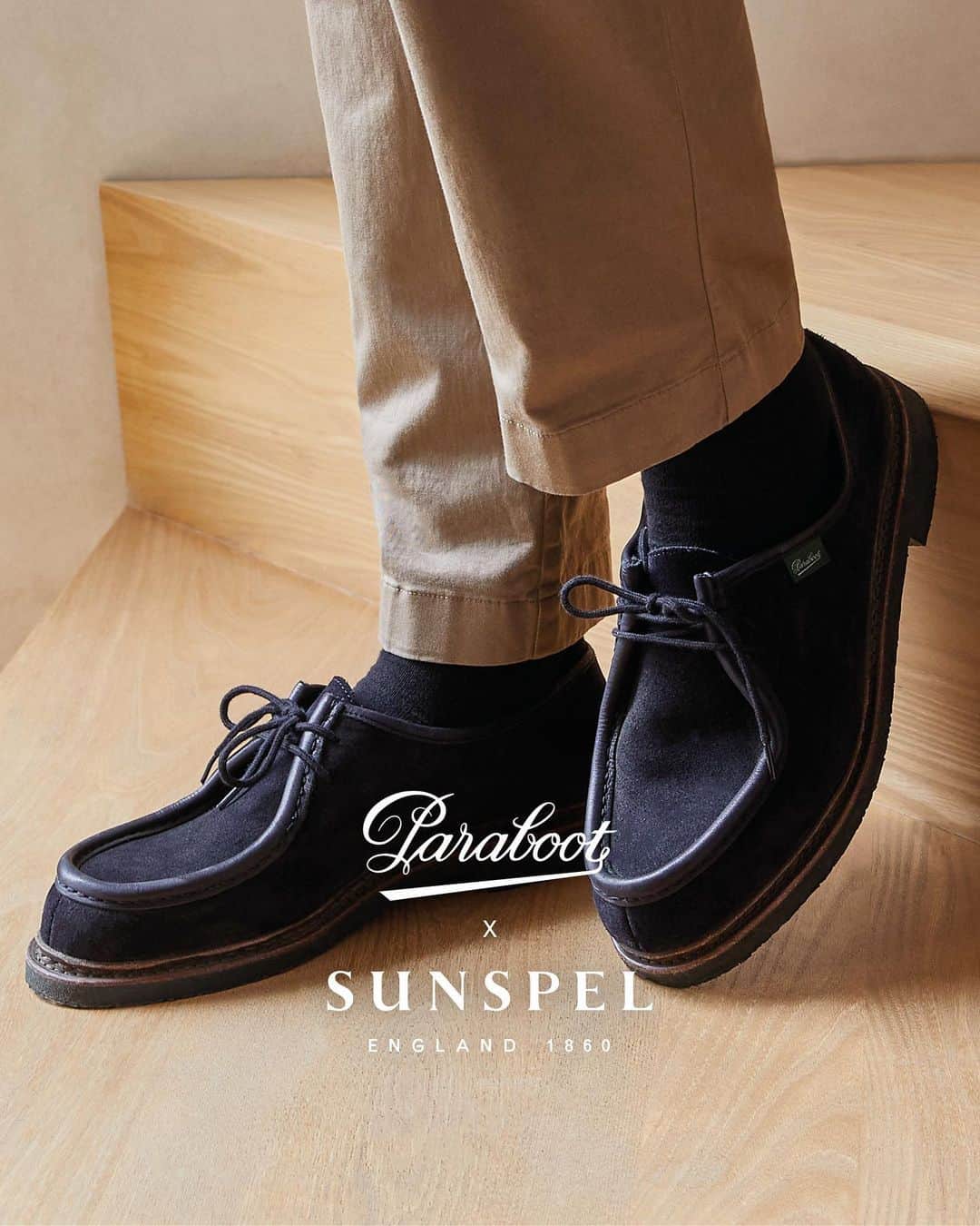 パラブーツのインスタグラム：「Paraboot x Sunspel. A collaboration that celebrates modern craftsmanship, the exclusive @paraboot x @sunspelclothing Micka Shoe unites Paraboot’s shoemaking expertise with Sunspel's commitment to soft, unstructured fabrics.   Available to purchase online at sunspel.com and in Sunspel Chiltern Street and Redchurch Street stores now.」