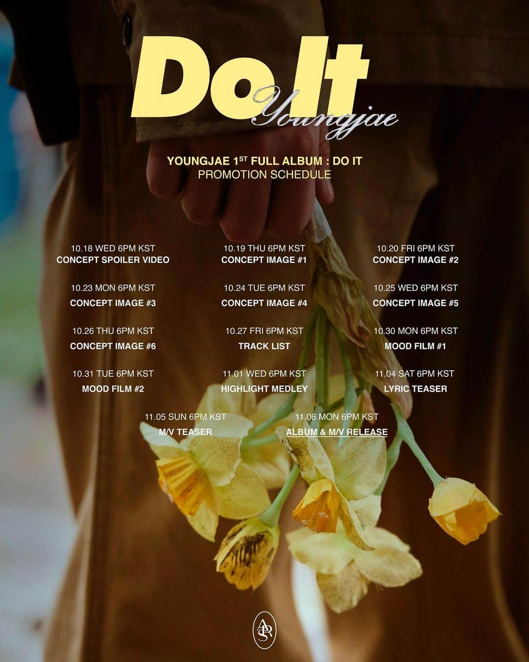 ヨンジェのインスタグラム：「영재(Youngjae) ‘Do It' Promotion Schedule  영재(Youngjae)💐 1st Full Album 'Do It' 2023.11.06 6PM (KST)  #영재 #YOUNGJAE #DoIt」