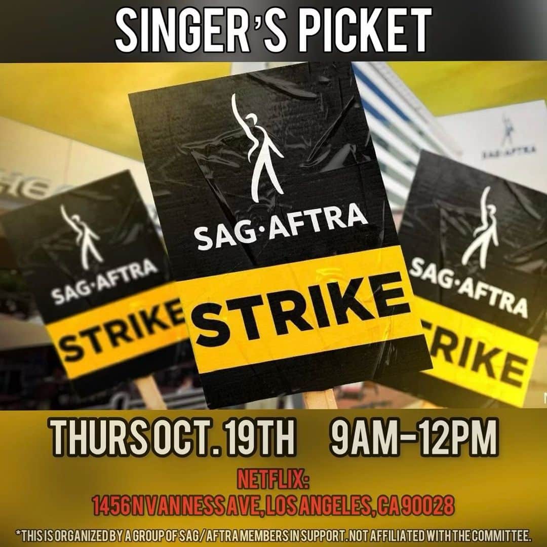 ネルソン・ベアトのインスタグラム：「Attention Singers: Come out to Netflix on Thursday 9am-12pm to join the Strike!! Actors, dancers, stunts, and allies as well! See you there! #sagaftrastrong #sagaftra #sagaftrasinger #sagaftrasingers #sagaftramember」