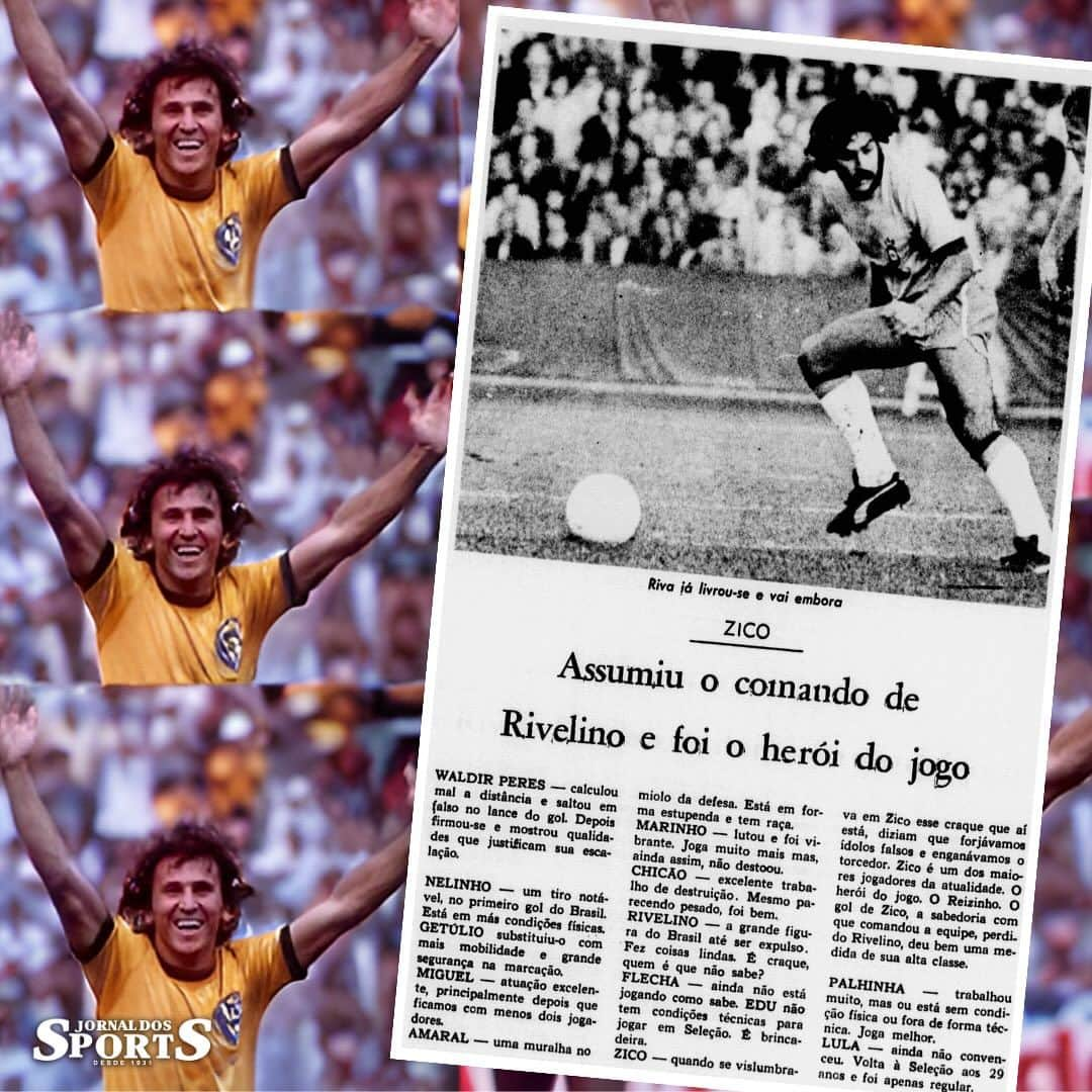 ジーコさんのインスタグラム写真 - (ジーコInstagram)「Em dia de Brasil e Uruguai, vamos relembrar mais um duelo histórico entre os rivais sul-americanos.  No dia 25 de fevereiro de 76, o time canarinho bateu a Celeste por 2 a 1, no estádio Centenário, em Montevidéu, palco do confronto de hoje, pela Taça Atlântico.  O jogo foi marcado por uma confusão generalizada com direito a expulsão de três brasileiros: Nil Chagas, Nelinho e Rivellino.  Mas nada disso ofuscou a grande estrela da noite. Estreante pela seleção, Zico marcou o gol da vitória, no segundo tempo, e iniciou em grande estilo sua trajetória com a camisa verde e amarela.  A atuação do Galinho foi tão elogiada que ele virou titular no duelo seguinte, contra a Argentina, em Buenos Aires, pela mesma competição, e adivinhem: novamente inspirado, Zico marcou de falta e garantiu a vitória sobre os hermanos pelo mesmo placar. Apesar dos rasgados elogios recebidos, o camisa 10 adotou discurso humilde ao ser comparado a Pelé:  “Jamais terá alguém que ocupe o seu lugar. O que ele fez em prol do futebol brasileiro nenhum outro jogador vai conseguir”.  Montagem sobre foto do site da CBF  BRASIL 2 x 1 URUGUAI Data: 25 de fevereiro de 1976. Competição: Taça Atlântico e Copa Rio Branco. Local: Estádio Centenário, em Montevidéu (Uruguai). Público: 50.449 pagantes. Árbitro: Roque Cerullo (Uruguai). Expulsões: Nil Chagas, Nelinho e Rivellino. Gols: Nelinho 9', Ocampo 24' e Zico 84'.  BRASIL: Waldir Peres (São Paulo-SP), Nelinho (Cruzeiro-MG), Miguel (Fluminense-RJ), Amaral (Guarani-SP) e Marinho Chagas (Botafogo-RJ); Chicão (São Paulo-SP), Rivellino (Fluminense-RJ) e Zico (Flamengo-RJ); Flecha (Guarani-SP) depois Edu Bala (Palmeiras-SP), Palhinha (Cruzeiro-MG) e Lula (Internacional-RS) depois Getúlio (Atlético-MG). Técnico: Oswaldo Brandão.  URUGUAI: Héctor Santos, Sergio Ramirez, Alfredo De Los Santos, Nil Chagas e Juan Vicente Morales; Juan Carlos Acosta, Dario Pereyra e Julio Cesar Jimenez; José Maria Muniz, Fernando Morena e Juan Carlos Ocampo (Washington Oliveira). Técnico: José Rodríguez  #JornalDosSports #Brasil #Uruguai #Zico #DiaDeBrasa」10月18日 6時02分 - zico