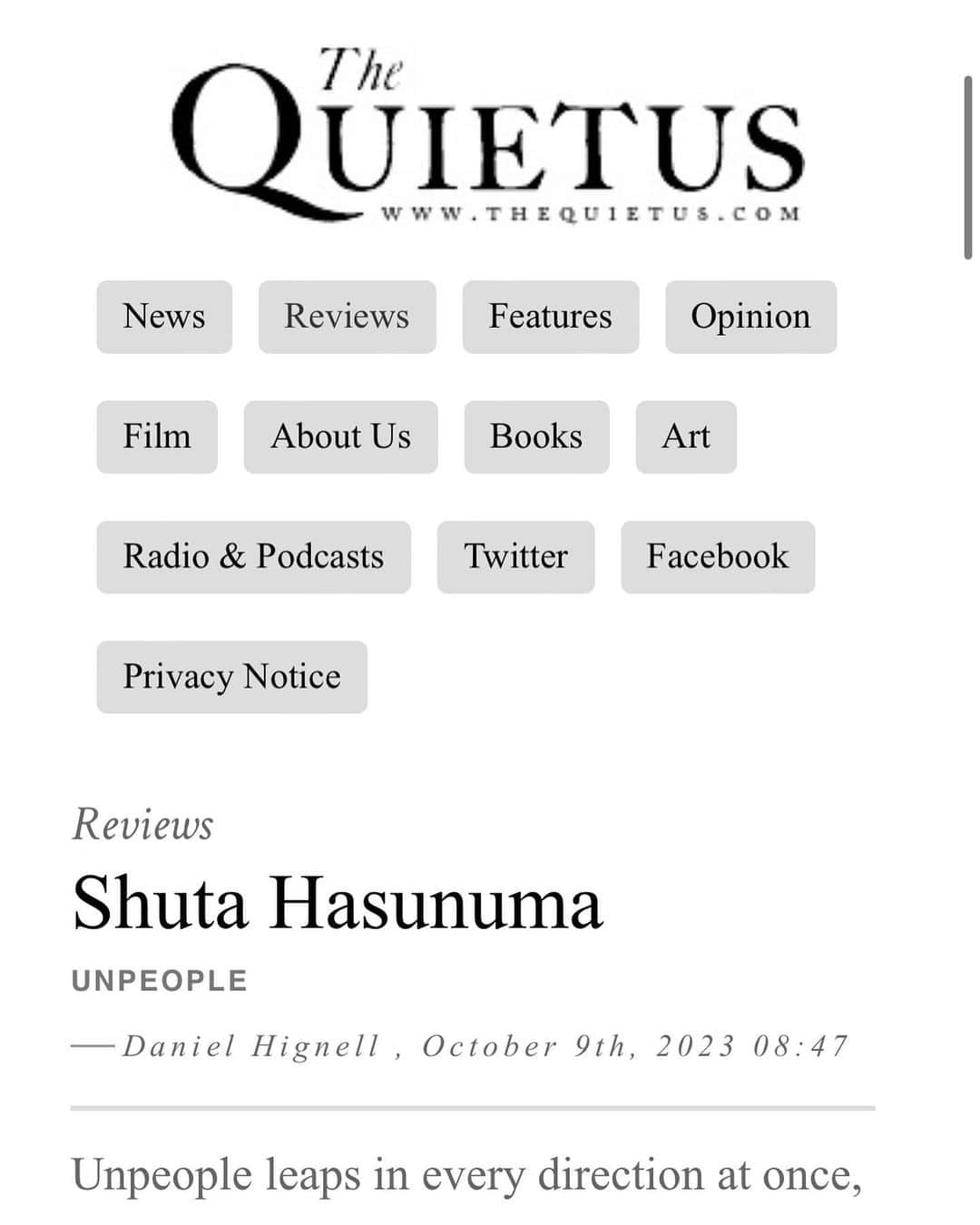 蓮沼執太のインスタグラム：「‘unpeople’ 11 days today🔻 Thank you for always supporting me.  1 The Quietus (🇬🇧UK) https://thequietus.com/articles/33470-shuta-hasunuma-unpeople-review  2 Intoxicate by TOWER RECORDS (JPN) https://mikiki.tokyo.jp/articles/-/35446  3 anan No.2368 (JPN) https://magazineworld.jp/anan/anan-2368/  4 SilenceAndSound (🇫🇷French) https://silenceandsound.me/2023/10/06/shuta-hasunuma/  5 Luminous Dash (🇧🇪Belgian)  https://luminousdash.be/reviews/shuta-hasunuma-unpeople-virgin-universal/  6 J-WAVE GOOD NEIGHBORS “unpeople / one window” (JPN) https://www.j-wave.co.jp/topics/2309_neighbors.htm  7 Fifteen Questions Interview (🇬🇧UK)：https://15questions.net/interview/fifteen-questions-interview-shuta-hasunuma/page-1/  8 Higher Plain Music （🇬🇧UK）https://higherplainmusic.com/2023/09/02/introducing-shuta-hasunuma/  9 TURN (JPN) http://turntokyo.com/reviews/unpeople-shuta-hasunuma/  10 & Premium (JPN) https://andpremium.jp/article/shutahasunuma-unpeople/  #unpeople  #shutahasunuma  #蓮沼執太」
