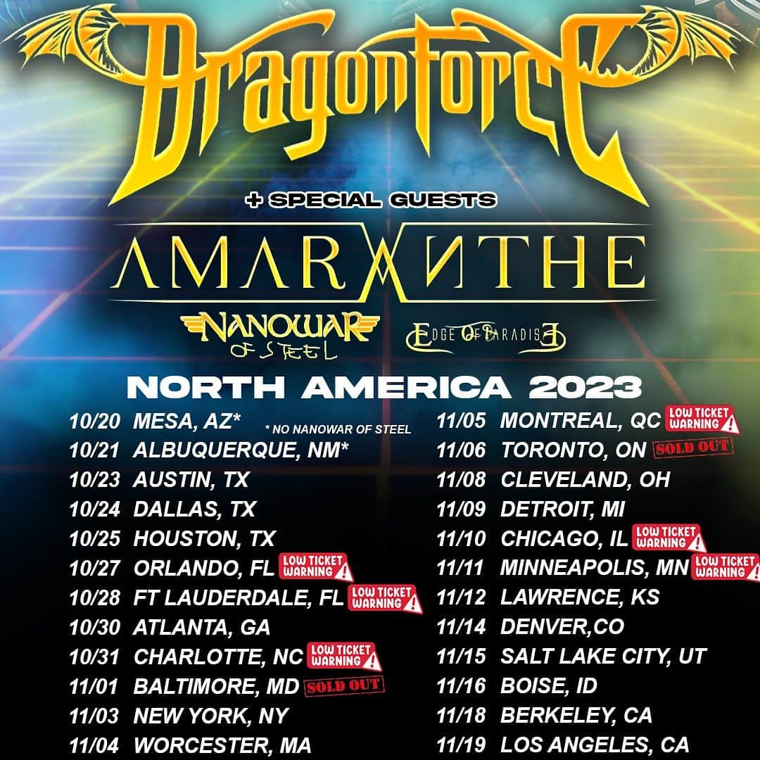 ハーマン・リのインスタグラム：「BALTIMORE AND TORONTO!  Thank you both for being the first two shows of the @dragonforcehq North American tour to sell out 🐉💚 We said whichever city sold out first would get a special song in the set exclusive to that city - we already have an idea, but which song do you want us to play?   This run with special guests @amarantheofficial, plus @nanowarofsteel and @edgeofparadise starts this Friday, Oct 20th in Mesa, AZ.  Tickets and limited VIP upgrades available now on the #dragonforce website - link in bio 🐉   10/20 - Mesa, AZ 🇺🇸 10/21 - Albuquerque, NM 🇺🇸 10/23 - Austin, TX 🇺🇸 10/24 - Dallas, TX 🇺🇸 10/25 - Houston, TX 🇺🇸 10/27 - Orlando, FL 🇺🇸 LOW TICKET 10/28 - Ft Lauderdale, FL 🇺🇸 LOW TICKET 10/30 - Atlanta, GA 🇺🇸 10/31 - Charlotte, NC 🇺🇸 LOW TICKET 11/01 - Baltimore, MD 🇺🇸 SOLD OUT! 11/03 - New York, NY 🇺🇸 11/04 - Worcester, MA 🇺🇸 11/05 - Montreal, QC 🇨🇦 LOW TICKET 11/06 - Toronto, ON 🇨🇦 SOLD OUT! 11/08 - Cleveland, OH 🇺🇸  11/09 - Detroit, MI 🇺🇸 11/10 - Chicago, IL 🇺🇸 LOW TICKET 11/11 - Minneapolis, MN 🇺🇸 LOW TICKET 11/12 - Lawrence, KS 🇺🇸 11/14 - Denver, CO 🇺🇸 11/15 - Salt Lake City, UT 🇺🇸 11/16 - Boise, ID 🇺🇸 11/18 - Berkeley, CA 🇺🇸 11/19 - Los Angeles, CA 🇺🇸  #amaranthe #nanowarofsteel #edgeofparadise #powermetal」