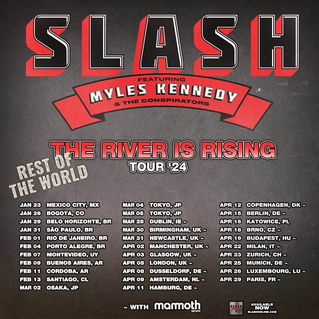 スラッシュさんのインスタグラム写真 - (スラッシュInstagram)「SMKC is proud to announce The River is Rising – Rest of The World Tour ’24 🔥 Ticket presale will be on Thursday, Oct 19th at 10 am local times. Click the link in bio and sign up on Laylo to get first access to tickets. #slashnews #riverisrising #slash #myleskennedy #toddkerns #franksidoris #conspirators」10月17日 23時50分 - slash