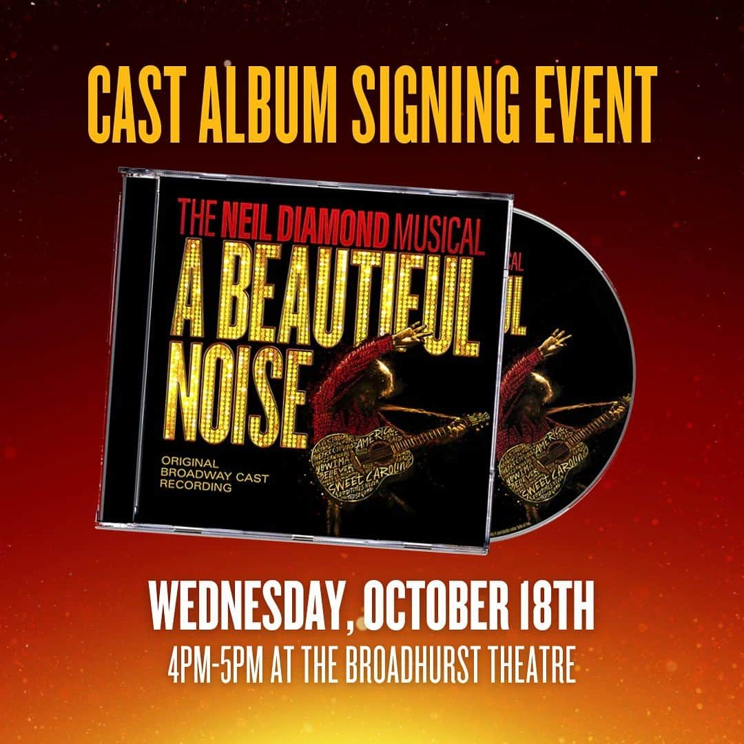 ニール・ダイアモンドのインスタグラム：「Join Will Swenson, Robyn Hurder, and the cast of the #NeilDiamondMusical on Wednesday, October 18th for an Original Broadway Cast Album Signing Event! Details below.  DATE: Wednesday, October 18th TIME: 4pm-5pm LOCATION: Broadhurst Theatre  You can bring your copy of the #ABeautifulNoise cast album or you can purchase one at the theater upon arrival. The cast will also sign other show-related memorabilia for a $25 donation to Parkinson's Foundation.   ~ Team Neil」