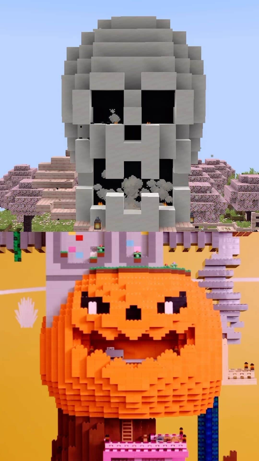 のインスタグラム：「The LEGO Minecraft Block & Brick Challenge: Two Worlds, Two Creators, an infinite amount of possible builds and creative expression. With a few prompts @hannahxxrose Minecraft Creator and LEGO Master Model Builder Tristan put their skills to a test to build in-game and IRL.   Tag a friend and start your very own Block & Brick Challenge! #MinecraftLive Think like a Minecrafter – Build like a Minecrafter」