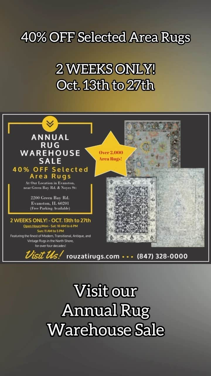 Anna Jane Wisniewskiのインスタグラム：「40% OFF Selected Rugs! 🧶 — Visit Rouzati Rugs from now, until Oct. 27th for their Annual Rug Warehouse Sale in their 2nd location in Evanston:  2200 Green Bay Rd.  Evanston, IL 60201  FREE PARKING AVAILABLE 🚗 — Special Hours: Mon-Sat from 10am to 6pm Sun from 11am to 5pm — Featuring the finest selection of Modern, Transitional, Antique, and Vintage rugs discounted at 40% off! . . . #interiordesign #design #interior #homedecor #architecture #home #diningroom #homerenovation #homedesign #art #instahome #luxury #designer #homesweethome #handmade #winnetka #livingroom #tribal #kitchen #style #realestate #rugs #ihavethisthingwithfloors #vintage #chicago #glenview #kenilworth #evanston #wilmette #glencoe」