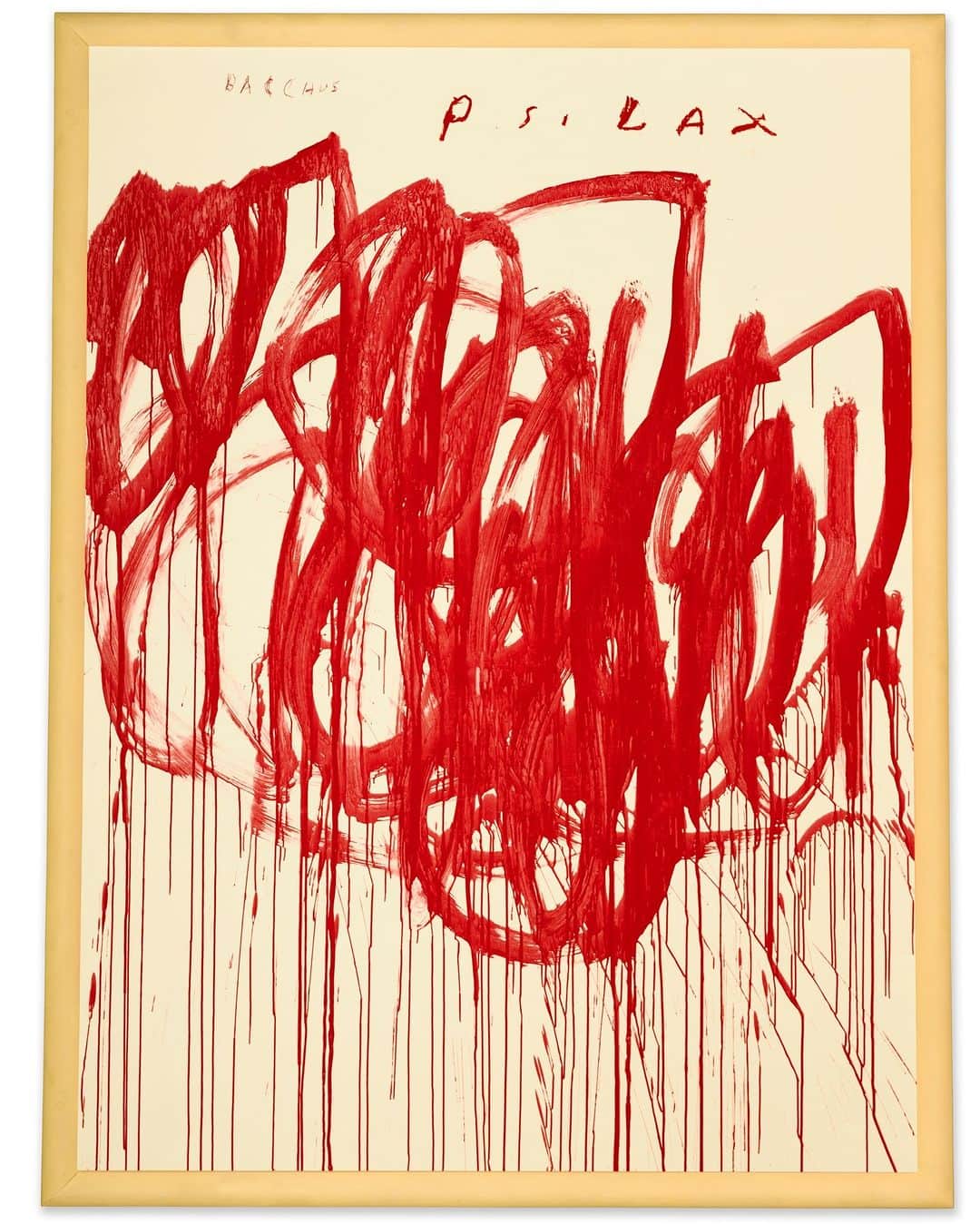 クリスティーズのインスタグラム：「Cy Twombly’s ‘Untitled (Bacchus 1st Version II)’   Founded upon the spiraling use of a graphic loop, ‘Untitled (Bacchus 1st Version II)’ is part of Twombly’s famed Bacchus series. Reminiscent of his “blackboard” paintings of the late 1960s, here Twombly expands his visual language in a wilder and more visceral form.   In the present work, Twombly has manipulated the brush to push, pull, drip, daub, and splash rich red color over a cream-colored ground so that its line appears to both rise and fall, pour and drip, in the manner of blood or wine.   Christie’s is honored to announce that ‘Untitled (Bacchus 1st Version II)’ by Cy Twombly will be a leading highlight in Christie’s 21st Century Evening Sale taking place this November.    21st Century Evening Sale | New York | 7 November - Photo: Cy Twombly, Studio (Detail Bacchus Painting), 2003.」