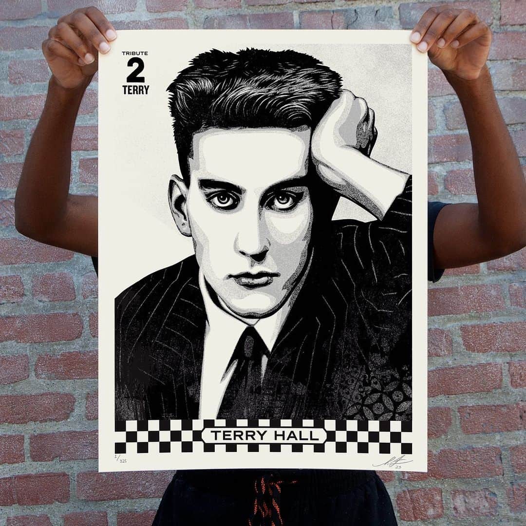 Shepard Faireyのインスタグラム：「NEW Print Release: “Terry Hall Tribute” Available Thursday, October 19th @ 10AM PDT.  Terry Hall, singer of the Specials, one of my favorite bands, died of pancreatic cancer a little less than a year ago. This past Saturday, @musackrocks did an amazing tribute to Terry with a bonkers lineup, including @horacepanter and @lynval_golding of @thespecials, @janewiedlin of the Go-Go’s, @fishbonesoldier, No Doubt (except Gwen), @tommorello, Tim Armstrong and Jesse Michaels of Operation Ivy, Donita Sparks of L7, and others! I fell in love with the Specials in the summer of 1989, around the time I started listening to Operation Ivy and Fishbone, so to have members of all those bands celebrating Terry was incredible! I was also able to do the poster for the event based on a beautiful photo by @chalkiedavies. There are two versions of the print, one with the event lineup included and another that is a simpler tribute to Terry. The black and white print are editions of 325, but the show lineup print is a smaller quantity (edition of 300) because many were sold at the event, and all proceeds from those benefit @musackrocks, an excellent music charity for kids. On a personal note, Terry came by my studio a couple of times, and we talked for hours. He was kind, thoughtful, and very open about life’s ups and downs. We talked about kids, mental health, insecurity, relationships, the therapeutic benefits of creativity, and many other heavy topics. He was a kindred spirit who I thought I’d be friends with for many years. This print was done with love… thanks for the tunes Terry! –Shepard Fairey  #LoveLoveLove #TerryHall  PRINT DETAILS: Terry Hall Tribute & Musack. 18 x 24 inches. Screen print on heavy True White Speckletone paper. Original Illustration based on a photograph by Chalkie Davies. Signed by Shepard Fairey. Numbered edition of 325 (Musack edition of 300). Comes with a Digital Certificate of Authenticity provided by Verisart. $75. Available on Thursday, October 19th @ 10 AM PDT at https://store.obeygiant.com. Max order: 1 per customer/household. International customers are responsible for import fees due upon delivery (Except UK orders under $160).⁣ ALL SALES FINAL.」