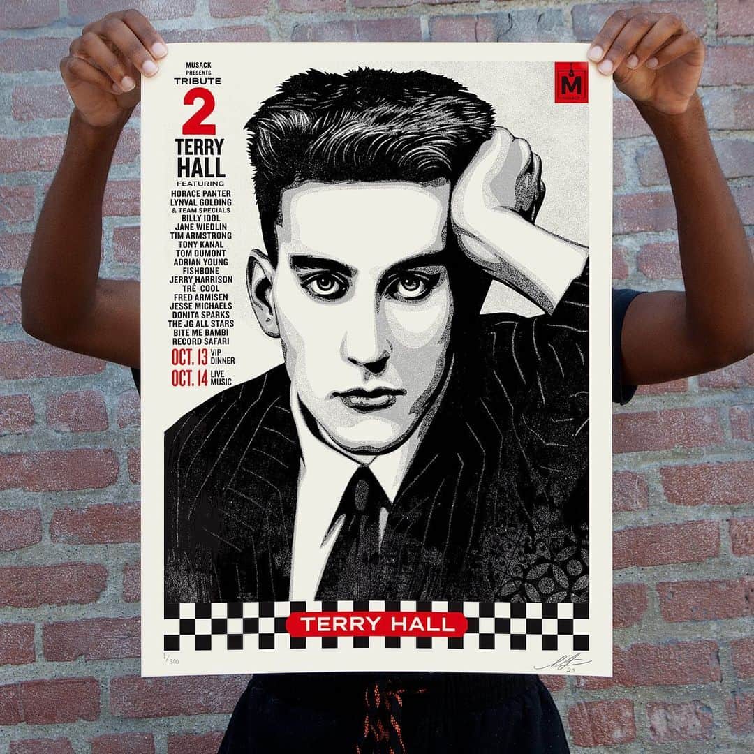Shepard Faireyさんのインスタグラム写真 - (Shepard FaireyInstagram)「NEW Print Release: “Terry Hall Tribute” Available Thursday, October 19th @ 10AM PDT.  Terry Hall, singer of the Specials, one of my favorite bands, died of pancreatic cancer a little less than a year ago. This past Saturday, @musackrocks did an amazing tribute to Terry with a bonkers lineup, including @horacepanter and @lynval_golding of @thespecials, @janewiedlin of the Go-Go’s, @fishbonesoldier, No Doubt (except Gwen), @tommorello, Tim Armstrong and Jesse Michaels of Operation Ivy, Donita Sparks of L7, and others! I fell in love with the Specials in the summer of 1989, around the time I started listening to Operation Ivy and Fishbone, so to have members of all those bands celebrating Terry was incredible! I was also able to do the poster for the event based on a beautiful photo by @chalkiedavies. There are two versions of the print, one with the event lineup included and another that is a simpler tribute to Terry. The black and white print are editions of 325, but the show lineup print is a smaller quantity (edition of 300) because many were sold at the event, and all proceeds from those benefit @musackrocks, an excellent music charity for kids. On a personal note, Terry came by my studio a couple of times, and we talked for hours. He was kind, thoughtful, and very open about life’s ups and downs. We talked about kids, mental health, insecurity, relationships, the therapeutic benefits of creativity, and many other heavy topics. He was a kindred spirit who I thought I’d be friends with for many years. This print was done with love… thanks for the tunes Terry! –Shepard Fairey  #LoveLoveLove #TerryHall  PRINT DETAILS: Terry Hall Tribute & Musack. 18 x 24 inches. Screen print on heavy True White Speckletone paper. Original Illustration based on a photograph by Chalkie Davies. Signed by Shepard Fairey. Numbered edition of 325 (Musack edition of 300). Comes with a Digital Certificate of Authenticity provided by Verisart. $75. Available on Thursday, October 19th @ 10 AM PDT at https://store.obeygiant.com. Max order: 1 per customer/household. International customers are responsible for import fees due upon delivery (Except UK orders under $160).⁣ ALL SALES FINAL.」10月18日 4時15分 - obeygiant