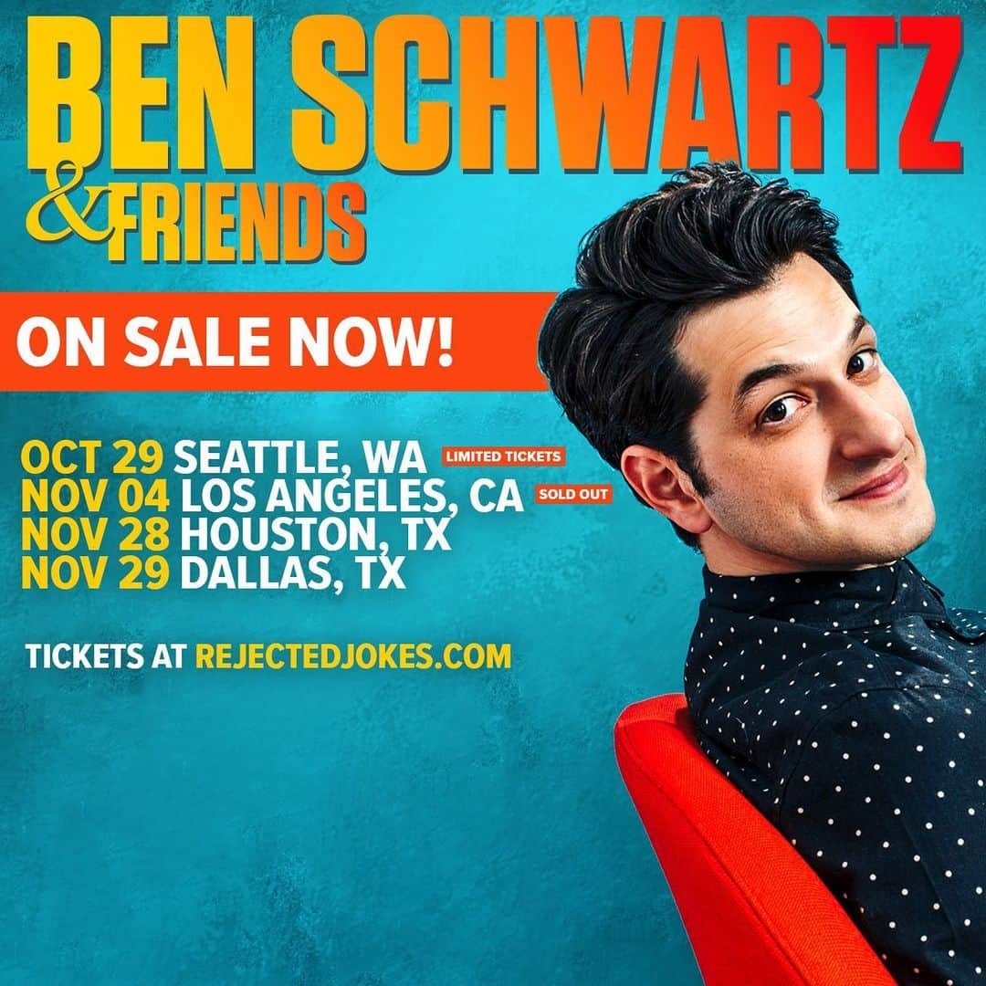 ベン・シュワルツのインスタグラム：「Only four shows left this year. SEATTLE, LA, HOUSTON, DALLAS. Get your tickets at RejectedJokes.com/tour」