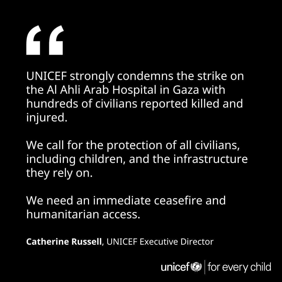 unicefさんのインスタグラム写真 - (unicefInstagram)「UNICEF strongly condemns the strike on the Al Ahli Arab Hospital in Gaza with hundreds of civilians reported killed and injured.  We call for the protection of all civilians, including children, and the infrastructure they rely on.  We need an immediate ceasefire and humanitarian access.」10月18日 4時40分 - unicef