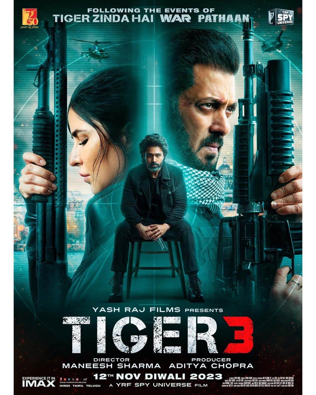 サルマン・カーンのインスタグラム：「Itna saara pyaar diya apne, toh naya poster release karna banta hai!   #Tiger3 coming to theatres this Diwali, 12th Nov, Sunday - countdown shuru kar do.   Watch #Tiger3Trailer NOW  (link in bio)  Releasing in Hindi, Tamil & Telugu.   @katrinakaif | @therealemraan | #ManeeshSharma | @yrf | #YRF50 | #YRFSpyUniverse」