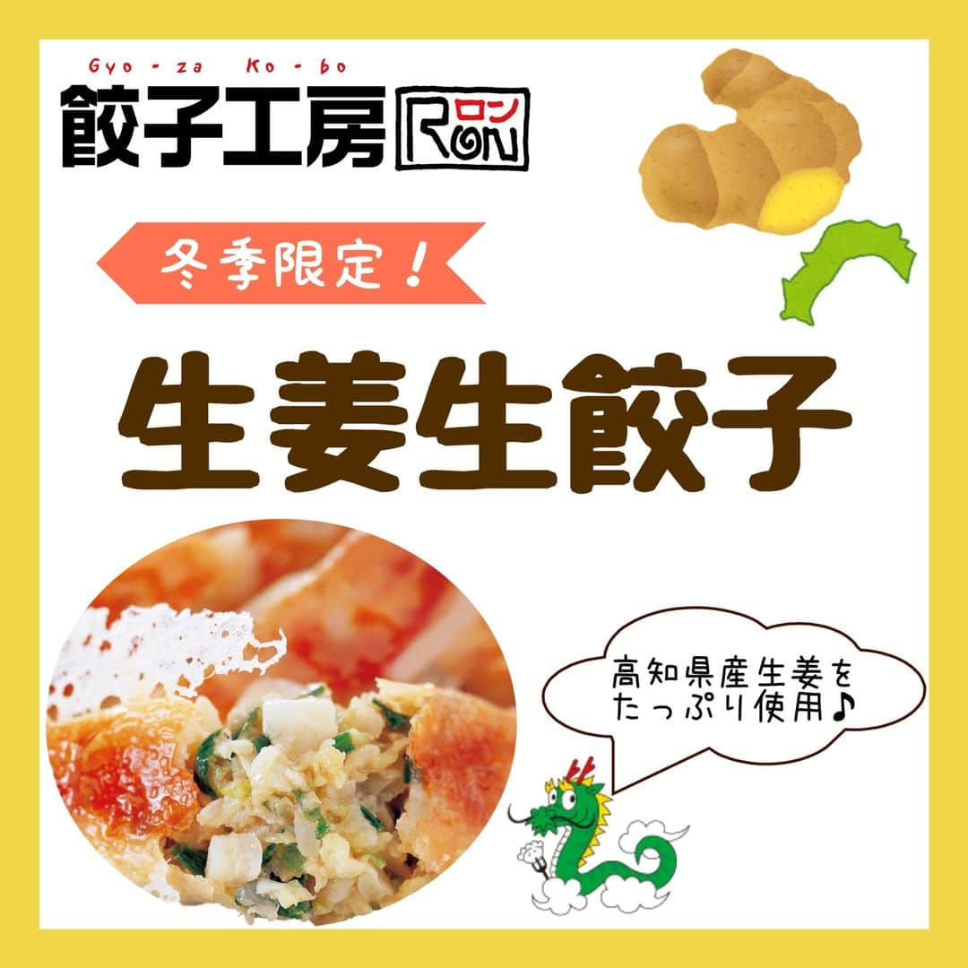 みまつ食品 餃子工房RON ひとくち餃子とキャベツサイダーのインスタグラム：「🍲餃子工房RON 冬季限定商品のご紹介🍲  【冷凍】生姜生餃子　20個入　\800（税込）  毎年大人気の冬季限定餃子がやってきた❣ 生姜生餃子がついに登場です🩰🎶 高知県産の生姜をたっぷり使用！生姜の風味とさわやかな辛みが味わえます🤤 寒いこれからの季節、おいしく生姜を食べて身体を温めましょう⛄  当商品のこだわりポイントは、高知県産生姜をたっぷり使用していることだけではございません✊ なんと、高知県産生姜をすりおろしとみじん切りの2種類で配合し、そうすることでより生姜の風味を引き立てています🌬 にんにくを使用していないので、よりさっぱりと生姜のさわやかな味を楽しむことができますよ💛 皮には北海道産ゆめちからをブレンドした国産小麦を使用。皮までおいしい一品です🥟  生姜には抗炎症作用、鎮痛作用、血行促進作用、殺菌作用など、さまざまな薬効があると言われています👩🏻‍⚕️ おいしく生姜を食べて、健康に冬を乗り越えましょう💪🏻  生姜生餃子は餃子工房RONオンラインショップ、楽天市場、Yahoo!ショッピングにて販売中🛒 大人気の冬限定商品を、ぜひお試しください🍂  #餃子工房RON#みまつ食品#前橋餃子#冬グルメ#餃子#ぎょうざ#群馬グルメ#通販グルメ#オンラインショッピング#冷凍餃子#中華お取り寄せ#生姜#生姜餃子」