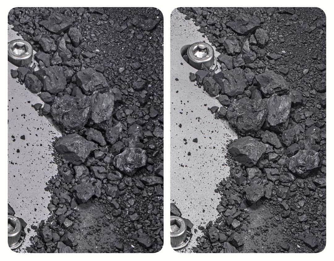 ブライアン・メイのインスタグラム：「Here’s four different renderings of the same stereo image - zooming a little further in each time. Firstly in parallel free-view format - or (for the best experience) viewing in a stereoscope such as our own @londonstereo OWL viewer.  Then keep swiping for cross-eyed views if you’re that way inclined. Visit the OSIRIS REx website or NASA.gov for more details of what we are looking at here.  Also follow @nasasolarsystem.  I’ll add some more detail later.  Meanwhile tell me what you see !  Photo credit: Erika Blumenfeld and Joseph Abersold for the original images/Brian May and Claudia Manzoni for stereo processing of the images.   Enjoy !!! Bri」