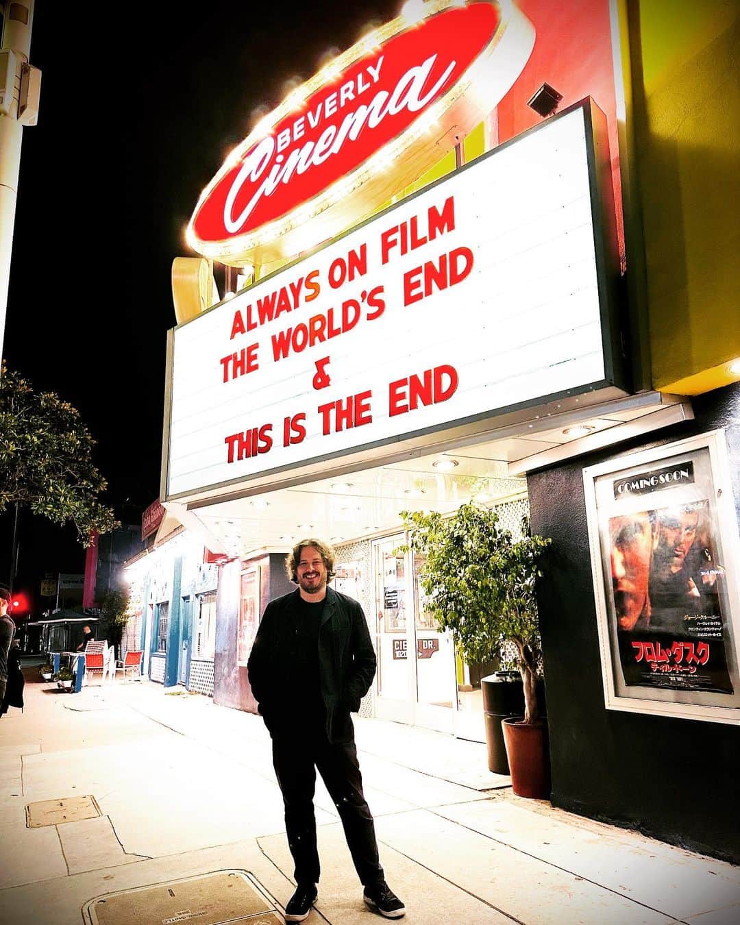 のインスタグラム：「What a very special return to the @newbeverly tonight. Was an absolute blast watching ‘The World’s End’ on 35mm for the first time in 10 years. And even better to see it with a packed crowd and the most overqualified moderators around: @phillordy & @chrizmillr. Made me so happy and a little emotional to see this one again.   Hope all that came had an amazing time. Thanks to @heavymidnites for making this happen x」