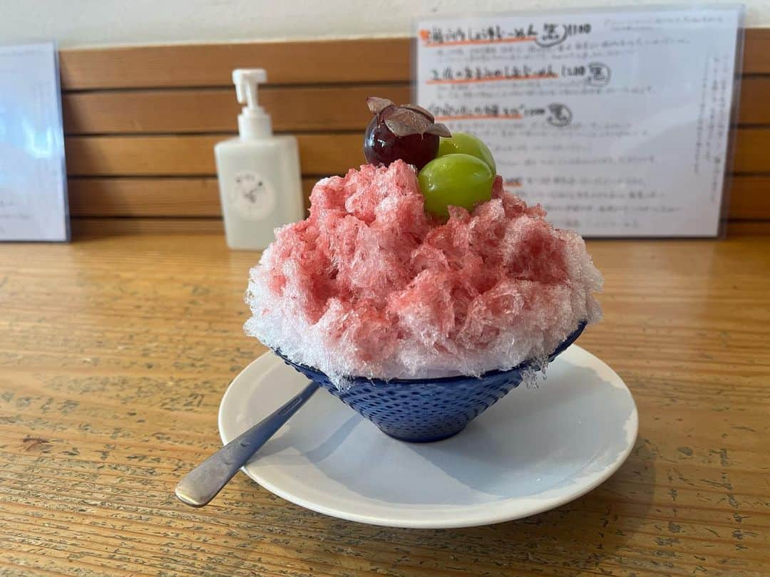 原田麻子のインスタグラム：「ピオーネとシャインマスカット  丁寧なてしぼりピオーネシロップに、シャインマスカットとぶどうが。 シンプルながらもぶどう欲がしっかり満たされる… おいしい …  #かき氷#かき氷🍧#おやつ#ごはん#sweets#shaveice#東京かき氷」