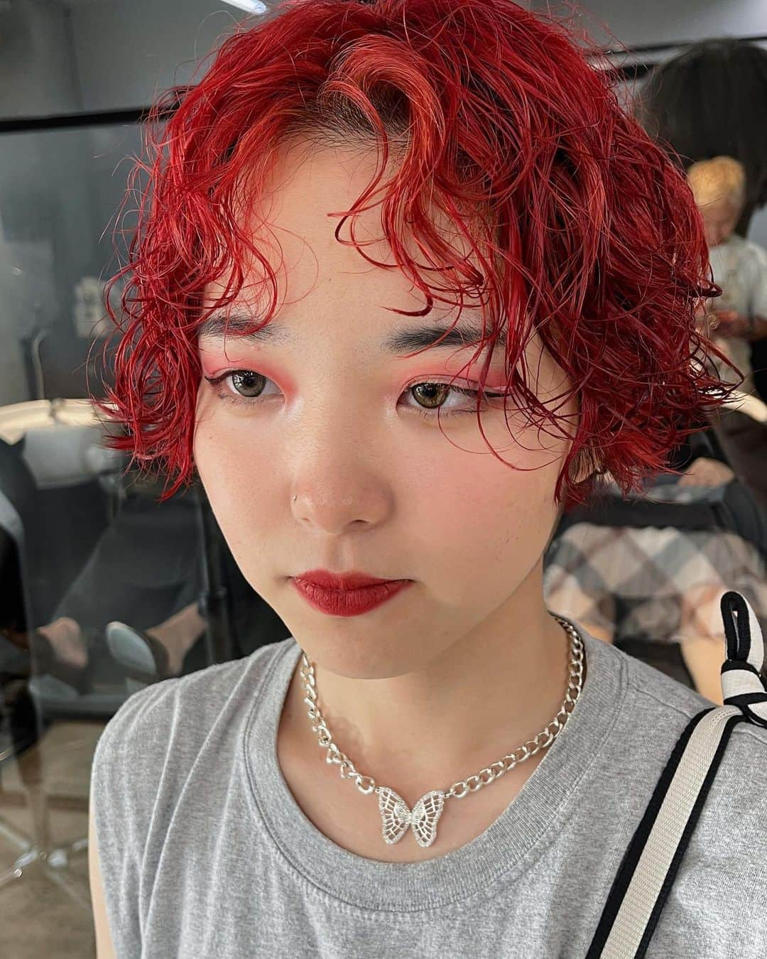 時田健太のインスタグラム：「shortperm  #ブリーチパーマ#ハイトーンパーマ#ショートパーマスタイル #ショートパーマ女子 #ショートパーマヘア #レッドヘアカラー #レッドヘア #レッドヘアカラー #ブリーチパーマ原宿 #ブリーチパーマ東京」