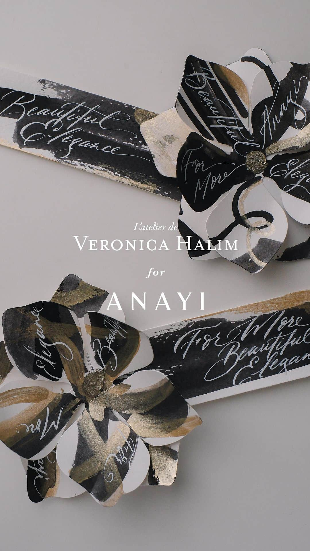 Veronica Halimのインスタグラム：「Sharing a behind the scenes video of the collaboration with ANAYI for the calligraphy collection! It was truly amazing to see my art come to life on these stunning fabrics, dresses, brooches, buttons, and prints.   The autumn collection just launched a few weeks ago, featuring playful calligraphic and floral patterns alongside ANAYI’s iconic anagram pattern. Explore the lookbook and collection on ANAYI’s website. —  #veronicahalim #calligraphystyling #モダンカリグラフィー　#ANAYI #アナイ #CalligraphyCollection #カリグラフィーコレクション #ヴェロニカハリム」