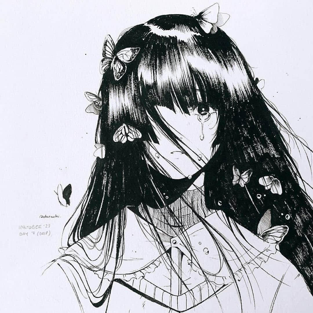 Kuretakeのインスタグラム：「Inktober 7日目のお題「滴る」 Dacachi.さん（@dacachifujino）が呉竹商品を使って作品を描いてくださいました😊  一枚で物語を感じさせる、美しい作品です。髪の毛などの線の表現がとても繊細ですね。  Inktober Day 7 "Drop" Dacachi.（@dacachifujino）painted a work using Kuretake products😊  It is a beautiful piece that tells a story. The expression of the lines, such as the hair, is very delicate.  ***********************  Art by:@dacachifujino  Made with: ・ZIG Cartoonist BRUSH PEN NO.22  ・速乾 墨液 くれ竹筆 小ぶり 中字   KURETAKE QUICK DRY FUDE PEN KOBURI "CHUJI"  ・ZIG Cartoonist MANGAKA  003, 005 / BLACK  No ©Copyright infringement intended. Any issues? Please contact us to fix it.  #kuretake_inktober2023 #kuretake_inktober #インクトーバー #インクトーバー2023 #kuretake #kuretakezig #呉竹 #inktober #inktober2023 #inktober_competition2023  #inktober2023drop #inktober2023day7 #inktober2023day7drop」