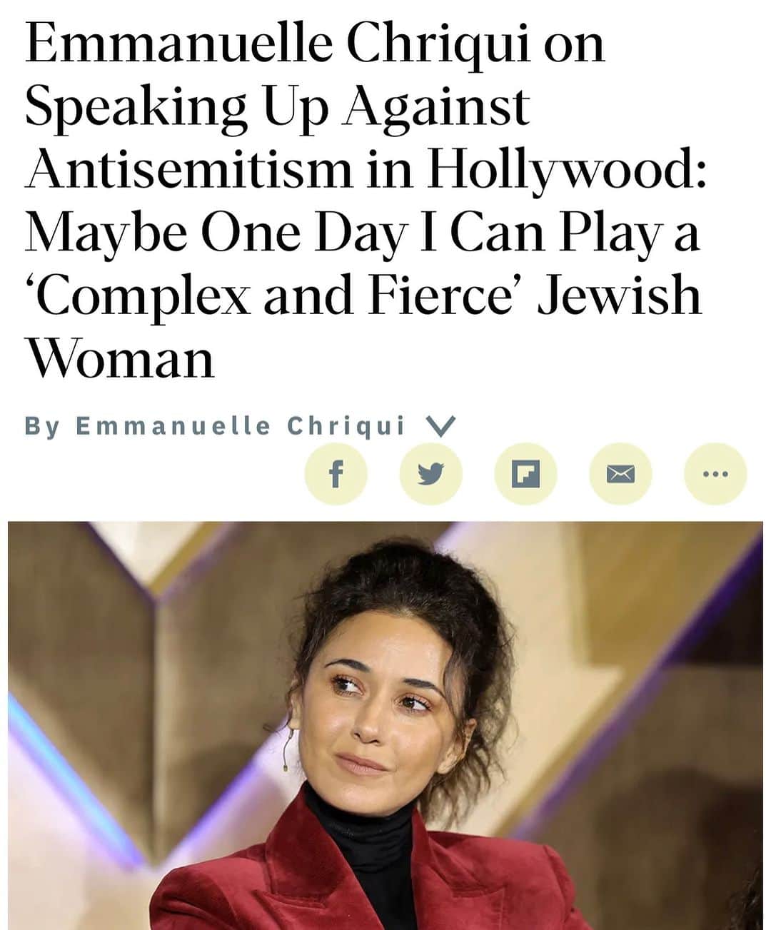エマニュエル・シュリーキーのインスタグラム：「An essay I wrote about anti Semitism for @variety for their anti Semitism issue. (Link in my bio) This was written before the October 7th tragedy. Thank you @ogaride for fine tuning this piece for me. Tho we are collectively living thru sheer hell I pray for better days where PEACE will prevail 🙏🏽💙✡️」