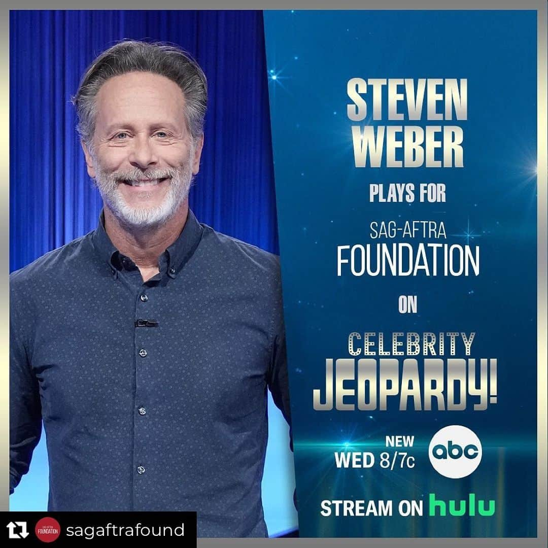 シャロン・ローレンスのインスタグラム：「My pal @actuallystevenweber has put himself in #jeopardy for @sagaftrafound 😉 Tune in to see Sir #Smartypants himself tonight  on @jeopardy Thank you Steven, for raising money for or @sagaftrafound . He told me that he’ll make us proud … for little bit😜 I’m proud to know this talented and genuinely generous  @sagaftra member 🙏🏻Repost from @sagaftrafound • We are excited @sagaftra actor @actuallystevenweber will be playing for our Foundation on this week's episode of #CelebrityJeopardy on 10/18!  Thank you, Steven, for your efforts to raise funds & awareness for your fellow performers in need.  Watch him on @ABCNetwork & stream on @hulu」