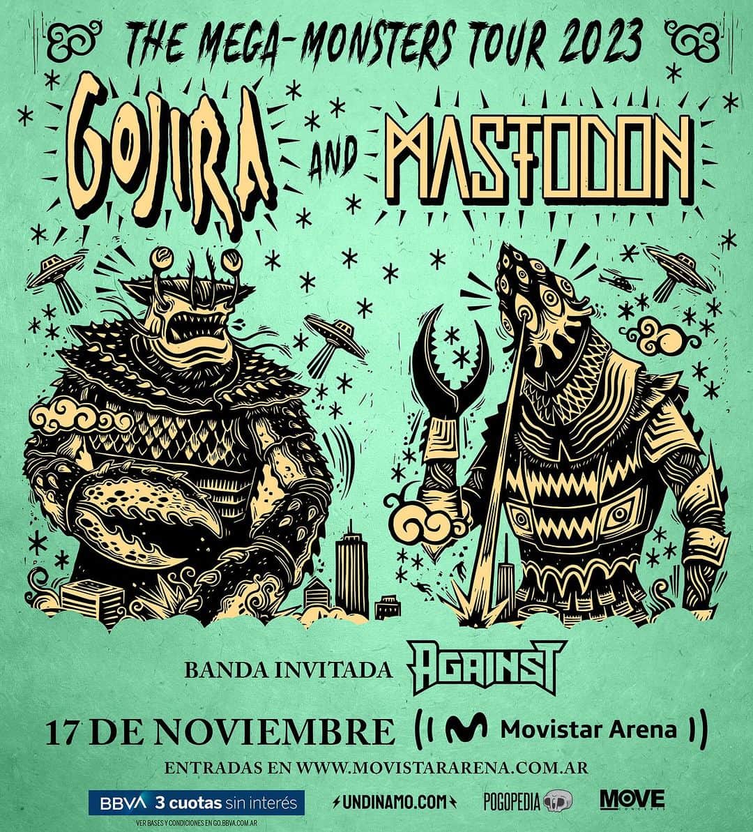 マストドンのインスタグラム：「ARGENTINA, are you ready? The Mega Monsters tour featuring us, @gojiraofficial and local guest AGAINST! is less than a month away!   Tickets: www.mastodonrocks.com  #gojira #mastodon #megamonsterstour」