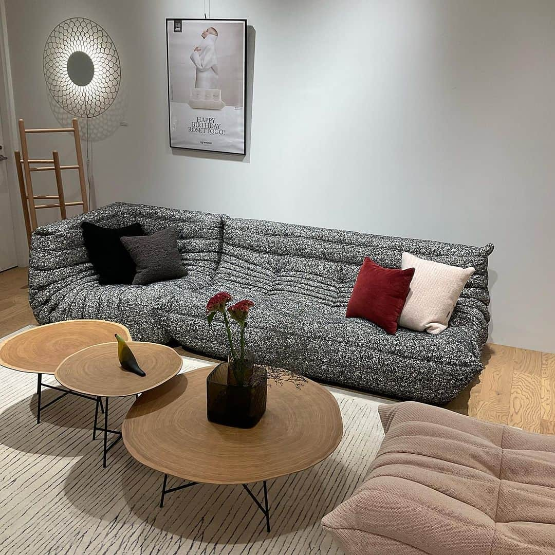 ligne roset shopのインスタグラム：「🌳ロゼトーゴにも合わやすい🪵 【ROSETAlburni】ロゼアルバルニ  切り株に見立てたナチュラルなかたちのテーブルです。木の温もりを感じるデザインは、3つのサイズからお選びいただけます。  🟢LOW TABLE size:φ850/950×H327 🟢OCCASIONAL TABLE （LOW VERSION） size:φ550/600×H320 （HIGH VERSION） size:φ450/500×H400  【ROSETTogo】ロゼトーゴ Fabric : RJ-627 3P size : W1740×D1020×H700×SH380 コーナー size : W1020×D1020×H700×SH380 パフ fabric : 輸入生地CODA2 116 size : W870×D800×SH380   #リーンロゼ #ligneroset #リーンロゼ福岡 #lignerosetfukuoka #福岡インテリア #福岡インテリアショップ #海外インテリア #rosettogo #myligneroset #リーンロゼのある暮らし #モデルルーム」