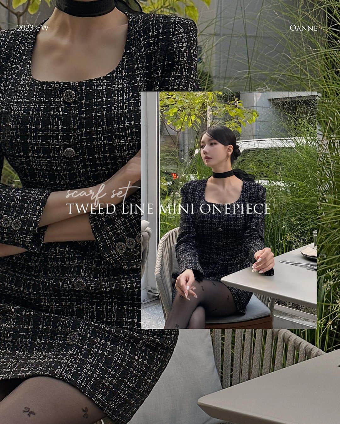 ソアのインスタグラム：「트위드 라인 미니 원피스 OPEN!! 실물 보시면 정말 놀라 까무라칠 정도로 예뻐요..🖤 그리고, 여기저기 활용도 높은 스카프까지 세트랍니다!  1차 수량은 10/30일 이후 부터 배송 예정이구요 혹시 준비 중인 수량이 빨리 마감되면 배송 기간 더 소요될 수 있습니다! 언제나 오픈 할인가로 빠르게 구매하시는게 돈이나 시간이나 이득이라는 점☺️ 다들 어서 사이트로 구경 오세요🤍🖤🤍  ✔️오픈 프로모션은 10/24(화) 밤 12시 까지입니다.」