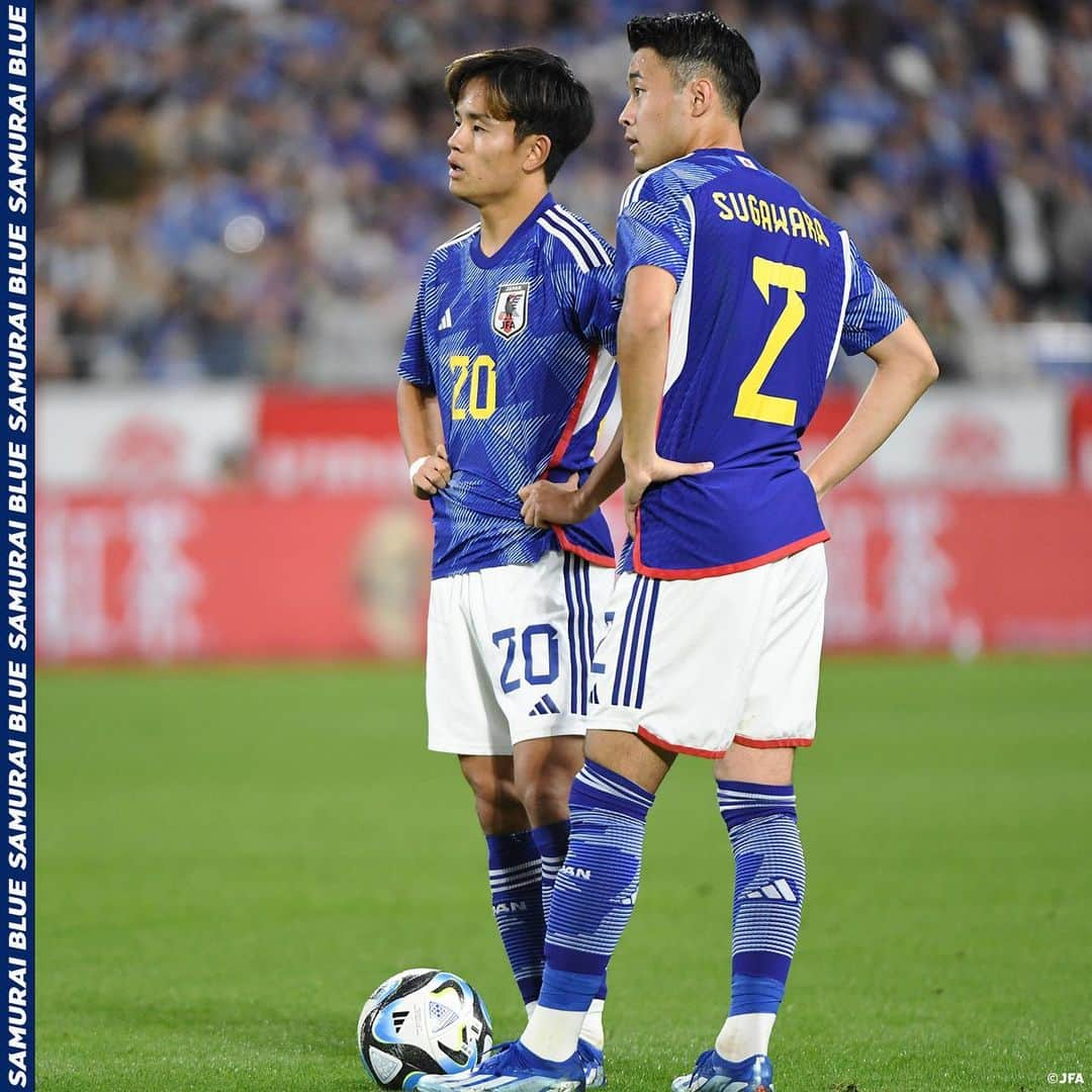 日本サッカー協会さんのインスタグラム写真 - (日本サッカー協会Instagram)「. 【2023.10.17 Photo Report②📸】  🏆#キリンチャレンジカップ 2023 🇯🇵#SAMURAIBLUE 2-0 チュニジア代表🇹🇳 ⌚️19:10(🇯🇵) 🏟️ノエビアスタジアム神戸(兵庫)  23 #鈴木彩艶(GK) 2 #菅原由勢 4 #板倉滉 5 #守田英正 6 #遠藤航(C) 11 #古橋亨梧 14 #伊東純也 16 #冨安健洋 20 #久保建英 22 #中山雄太 24 #旗手怜央  𝐒𝐔𝐁🔄 1 #小島亨介(GK) 12 #大迫敬介(GK) 3 #谷口彰悟 7 #川辺駿 8 #南野拓実 9 #上田綺世 13 #中村敬斗 15 #伊藤敦樹 17 #田中碧 18 #浅野拓磨 19 #町田浩樹 25 #奥抜侃志 26 #毎熊晟矢 27 #橋岡大樹  監督 #森保一  #夢への勇気を #SAMURAIBLUE #jfa」10月18日 17時39分 - japanfootballassociation