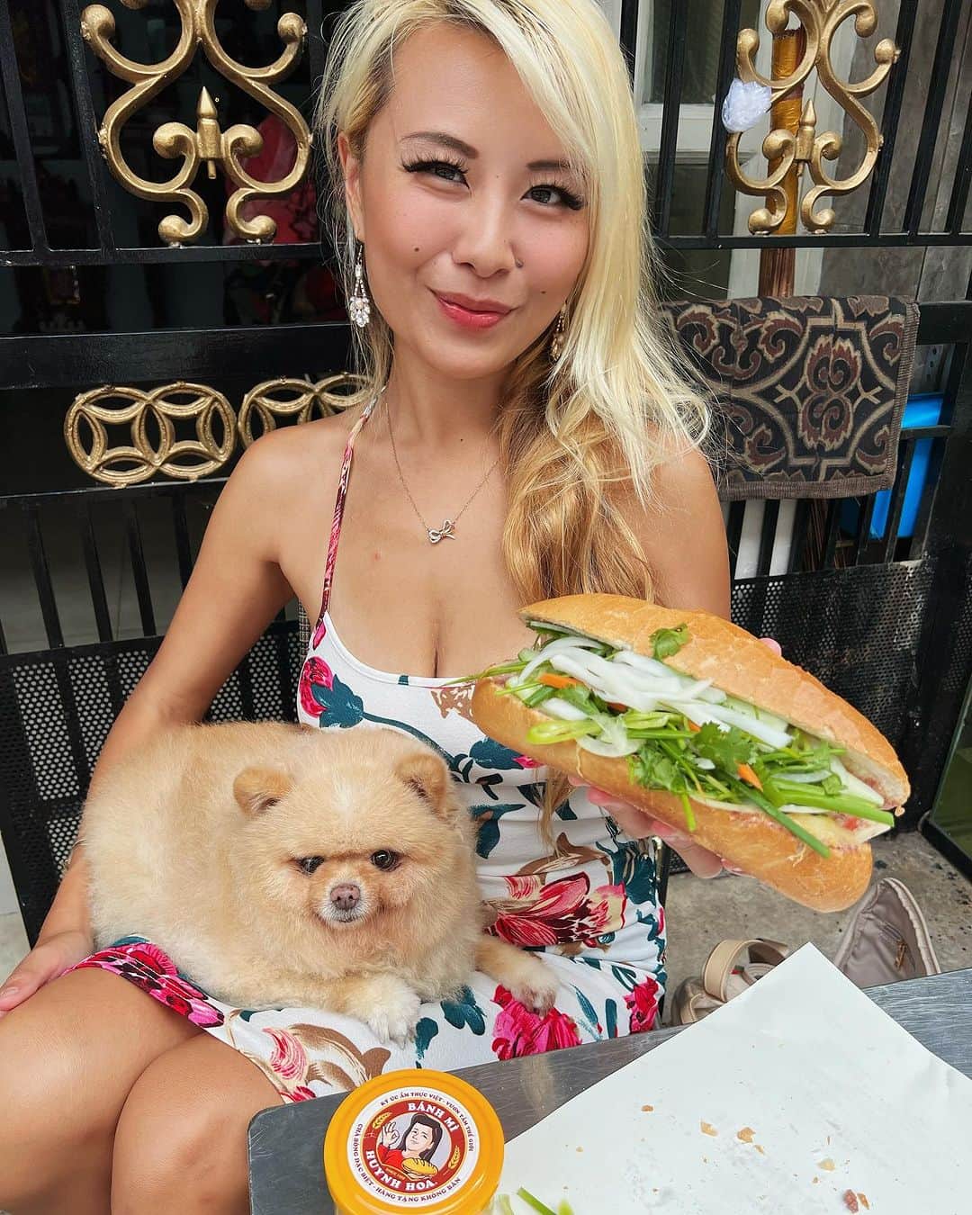 ライナ・ホワンのインスタグラム：「This is the thicccest banh mi and this is the thicccest doggo ever 😂 they loaded this banh no up tho 🥹 so much meats in there - banh mi Huynh Hoa is a must try here in Vietnam 🇻🇳😋」
