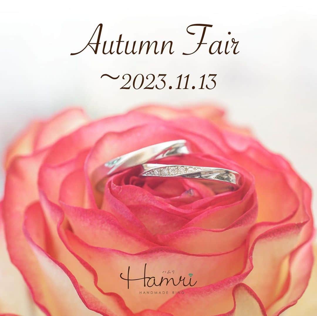 結婚指輪・婚約指輪『Hamri(ハムリ)』のインスタグラム：「Autumn Fairのご案内  2023.11.13まで 期間限定のAutumn Fairを開催中です！  期間中のご成約でプレゼントが選べます🎁  ～結婚指輪をご制作のお客様～ ①レーザー加工(￥10,000相当) ②カラーダイヤモンド(￥10,000相当) ③ツインダイヤモンド(￥10,000相当) ①～③よりプレゼントが選べます  さらに！ 指輪制作風景を写真＆動画撮影 SDカードにて全データプレゼント！  ～婚約指輪をご制作のお客様～ ①レーザー加工(￥10,000相当) ②カラーダイヤモンド(￥10,000相当) ③オリジナル形制作費(￥10,000相当) ①～③よりプレゼントが選べます  さらに！ 婚約指輪のセンターダイヤモンドにH&Cのダイヤモンドをお選びいただいた方に、H&Cが見える専用スコープをプレゼント！  ※結婚指輪＆婚約指輪3本ご制作のお客様 合計金額より5％OFF！！  お得なこの機会をお見逃しなく✨️ ご来店お待ちしております！！  DMやLINEでのご相談もお待ちしております♡ @hamri_omotesando   ❁・❁・❁・❁・❁・❁・❁・❁・❁・❁  Hamri「ハムリ」  〒150-0001 東京都渋谷区神宮前5-11-11 2F  Tel 0120-121-175 HP https://hamri.jp/  open 11:00～19:00 closed （火）(水) 祝日営業  ❁・❁・❁・❁・❁・❁・❁・❁・❁・❁   #結婚指輪手作り #手作り結婚指輪 #婚約指輪手作り #手作り婚約指輪 #hamri  #結婚指輪 #婚約指輪 #オーダーメイド #プレ花嫁 #プレ花嫁さんと繋がりたい  #ダイヤモンド #2023冬婚 #2024春婚 #マリッジリング #エンゲージリング  《Hamri検索タグ》  #Hamriデザイン #Hamri指輪作り #Hamri花嫁」
