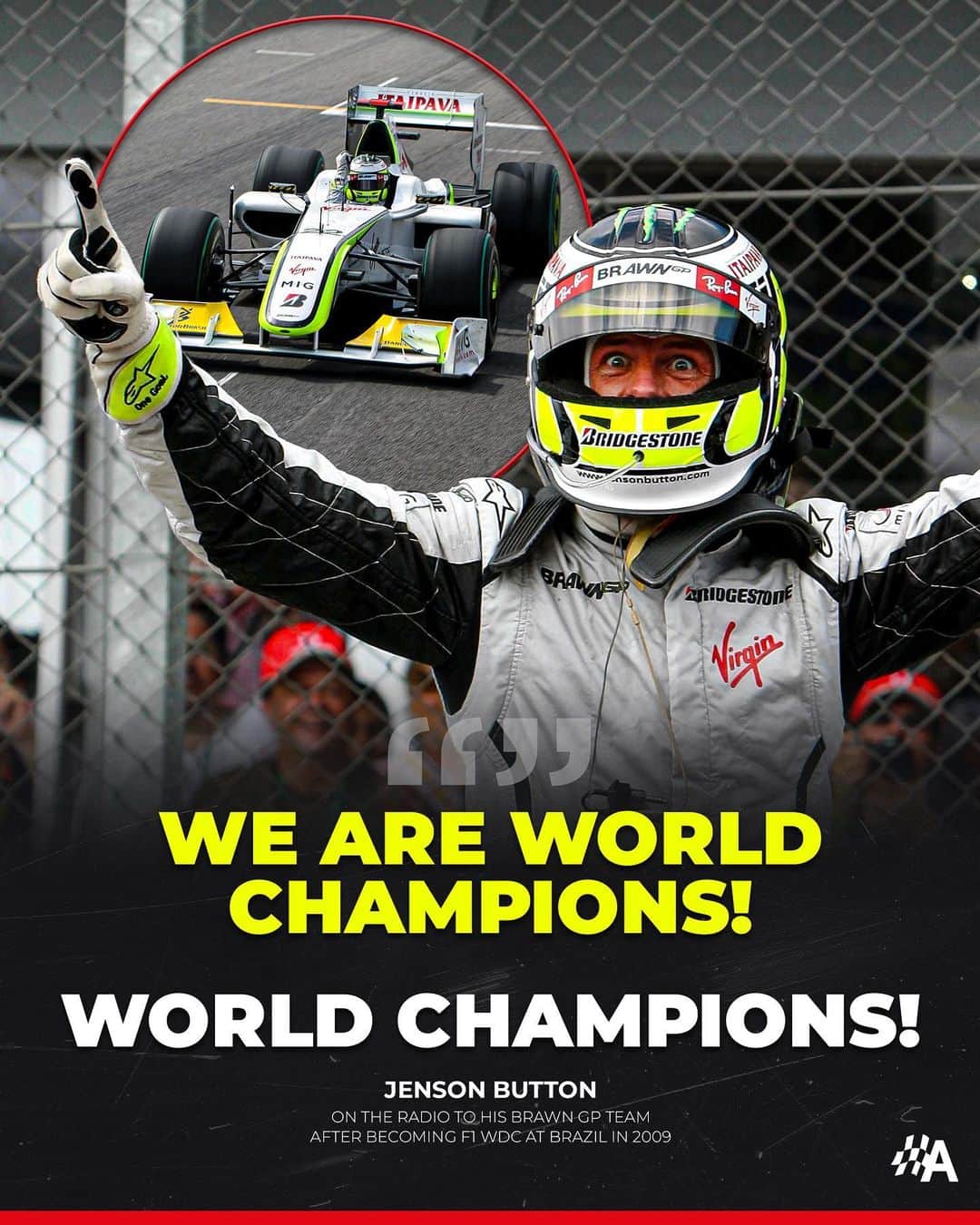 ジェンソン・バトンさんのインスタグラム写真 - (ジェンソン・バトンInstagram)「#OnThisDay 14 years ago, @jensonbutton and BrawnGP became #F1 world champions 🏆  Was this #Formula1’s greatest ever fairytale?   #BrawnGP #BrazilianGP #JensonButton #JB22 #Button #RossBrawn #Motorsport #Autosport」10月18日 18時29分 - jensonbutton