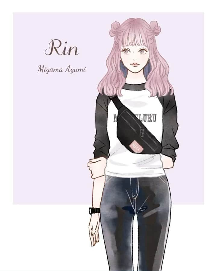 miya(ミヤマアユミ)のインスタグラム：「💜Rin リン  カジュアルガーリーなリンちゃん  ファッションを楽しむ5人の女の子達を描きました👚👗👖👕👘  FASHION GIRLS 💜Rin リン 💙Kanon カノン 💚Emma エマ 💛Lala ララ ❤️Yuri ユリ  服や靴、小物、ウィッグを変えて遊べる着せ替えシールです。 組み合わせ次第で、何通りものコーディネートが作れます👚👖👗👠👟  作ったコーデは5人全員に着せ替える事ができます。  2枚目と最後が遊び方の動画になっています。  春のデザインフェスタで出したグッズですが、改めて一人一人ご紹介させてください。  #ミニチュアアート展2023 #ミニチュアアート展  #artwork #デジタルイラスト #photoshop #fresco #art #illust #illustration #draw #illustrator #イラスト #イラストレーター #ファッション #fashion #ファッションイラスト #ファッションイラストレーター #着せ替え #きせかえ #女の子イラスト #プレゼント #カジュアル #カジュアルガーリー #ガーリー」