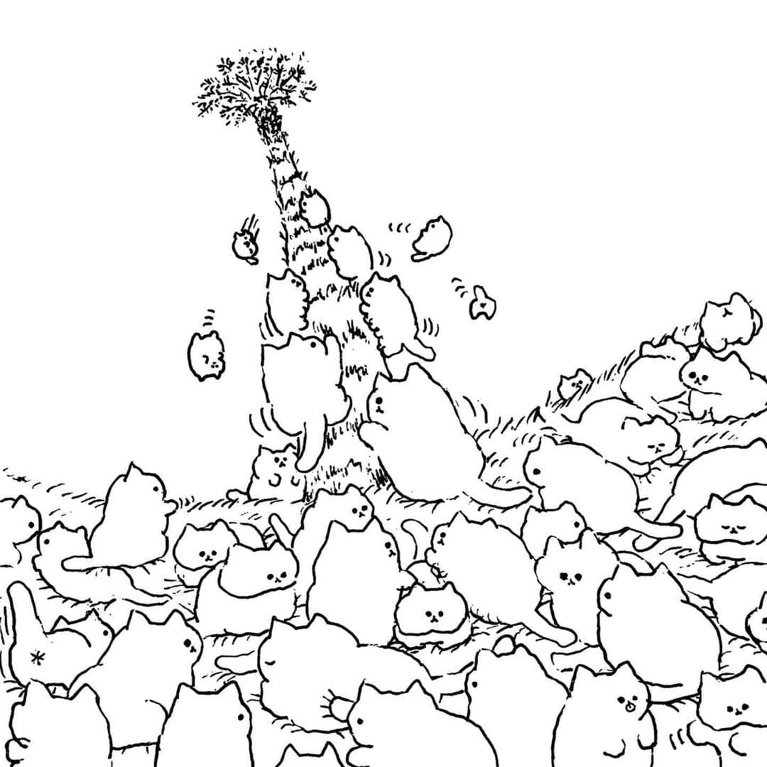 花原史樹のインスタグラム：「マガジンハウスの漫画Webサイト『SHURO (@shuro_world)』にて、棕櫚とねこの絵を描きました。 https://shuro.world/artwork/shuro_009/」