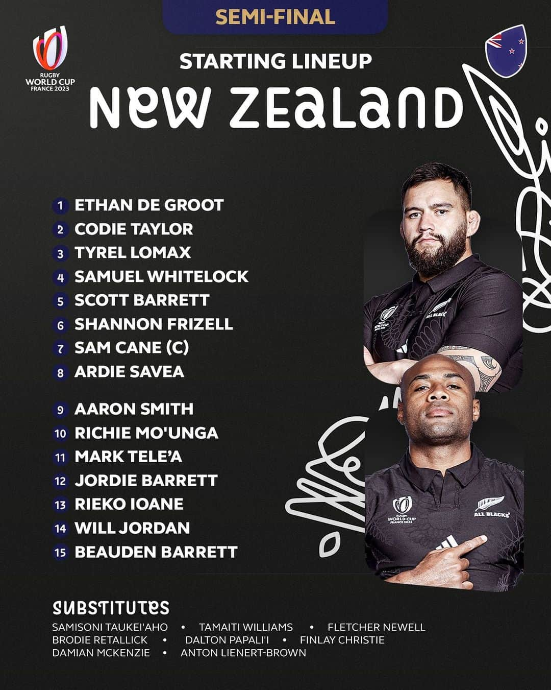 ラグビーリーグ・ワールドカップのインスタグラム：「The @allblacks are here 🔥  The team that will face Argentina in Friday’s semi-final ⬆️  #RWC2023 | #ARGvNZL」