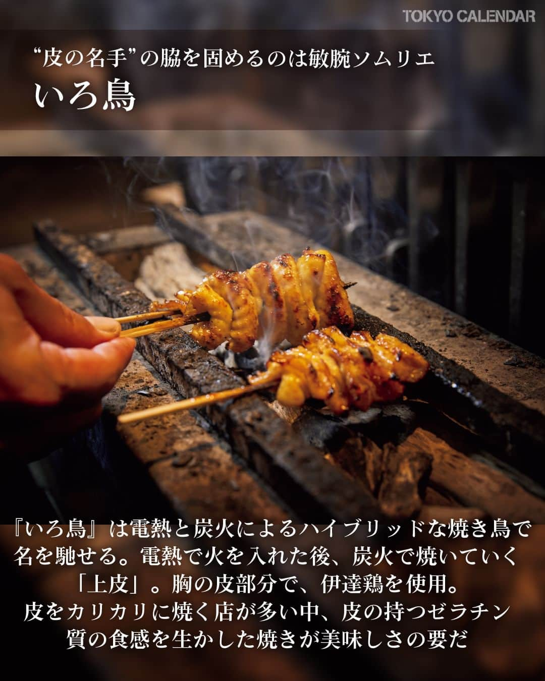 東京カレンダーさんのインスタグラム写真 - (東京カレンダーInstagram)「名店『鳥よし』の遺伝子を継ぎながら、独自の焼きを追求する店主が外苑西通りの裏手で営む『いろ鳥』。  洗練された空間で同店が打ち出す次なる一手は、敏腕ソムリエとのタッグによる極上のマリアージュだ！  📌舞台となったお店は…  【いろ鳥】 港区南青山3-2-6 セントラル 第5青山 1F1A  ▷ 投稿が気になったら【保存】をタップ👆 ▷ 予約するなら【 #グルカレ レストラン名】で検索🔎 ……………………………………………………… ▶都会の大人向けライフスタイルを毎日発信中 @tokyocalendar  #東京カレンダー #Tokyocalendar #東カレ #東京グルメ #東京デート #東京ディナー #デート #外苑前 #外苑前グルメ #焼鳥 #ワイン #いろ鳥」10月18日 21時00分 - tokyocalendar