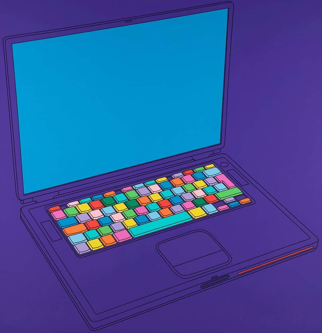 クリスティーズのインスタグラム：「In the 1990s, Craig-Martin purchased his first computer, an Apple Mac, which radically altered his way of working. He would scan all the separate images that he wanted to assemble on to the computer.⁣ ⁣ The 17-inch Powerbook G4 was introduced by Apple in 2003. Craig-Martin deliberately chose the then ultra-modern computer as his subject matter for the present work, an object which is so fundamental to his practice.⁣ ⁣ Sir Michael Craig-Martin (B. 1941), 'Apple Powerbook G4 17''' (2003). Estimate: £50,000-£80,000.⁣⁣ ⁣ ⁣⁣🗓 Modern British and Irish Art Day Sale: 19 October.⁣⁣ ⁣ #LondonCreates #thisislondon」